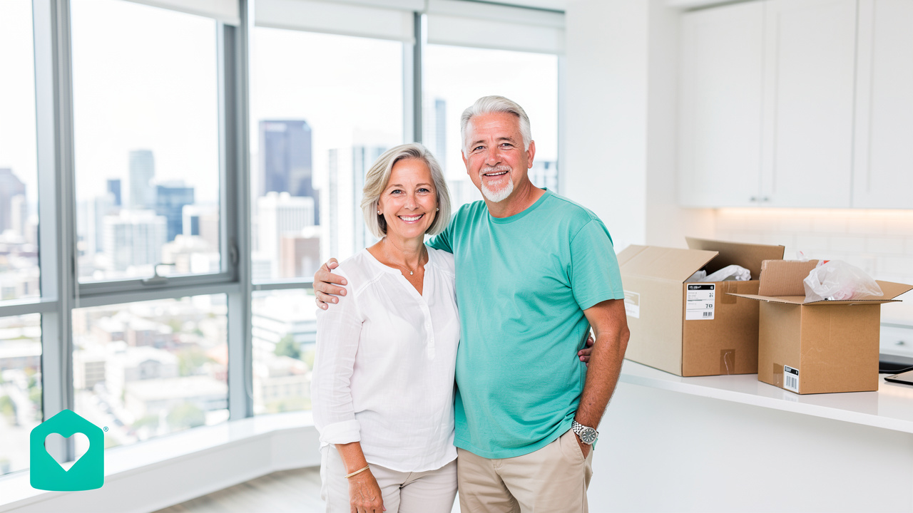 Retired couple settling into a new condo kitchen
