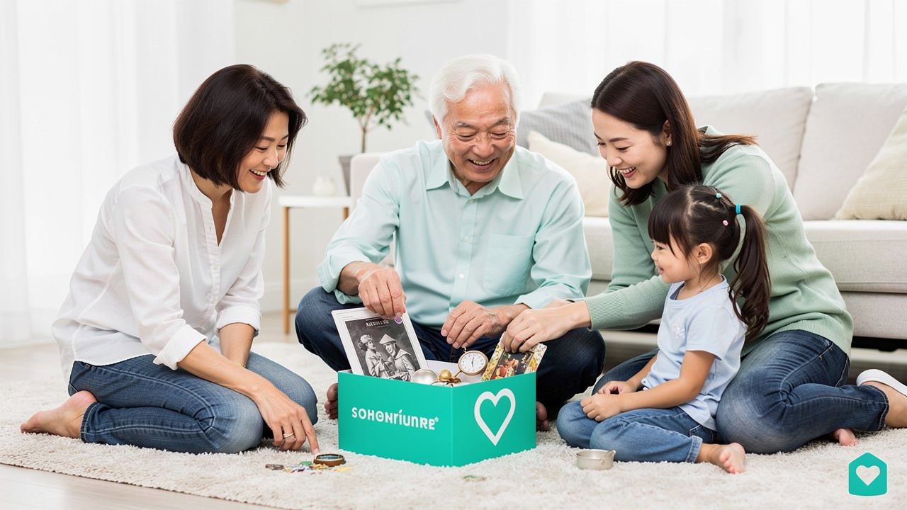 Woman sorting through family keepsakes while downsizing