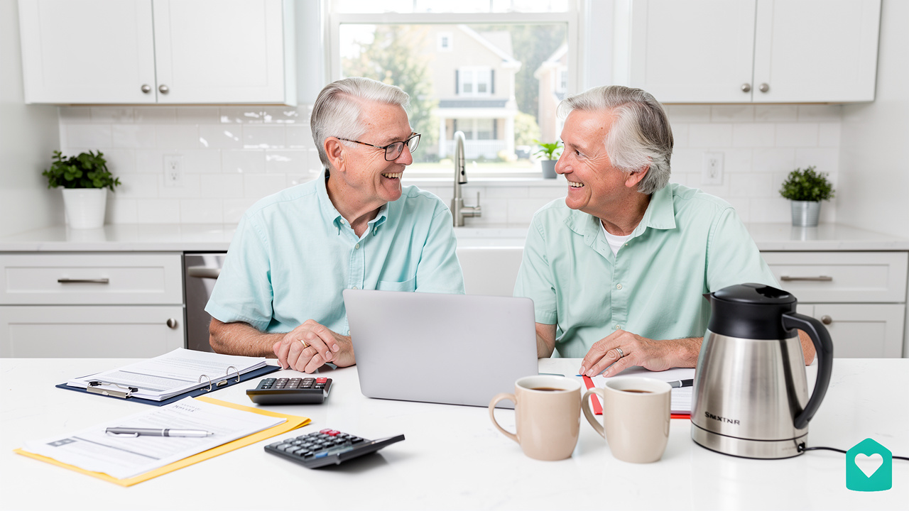 Retired couple reviewing home sale financial paperwork