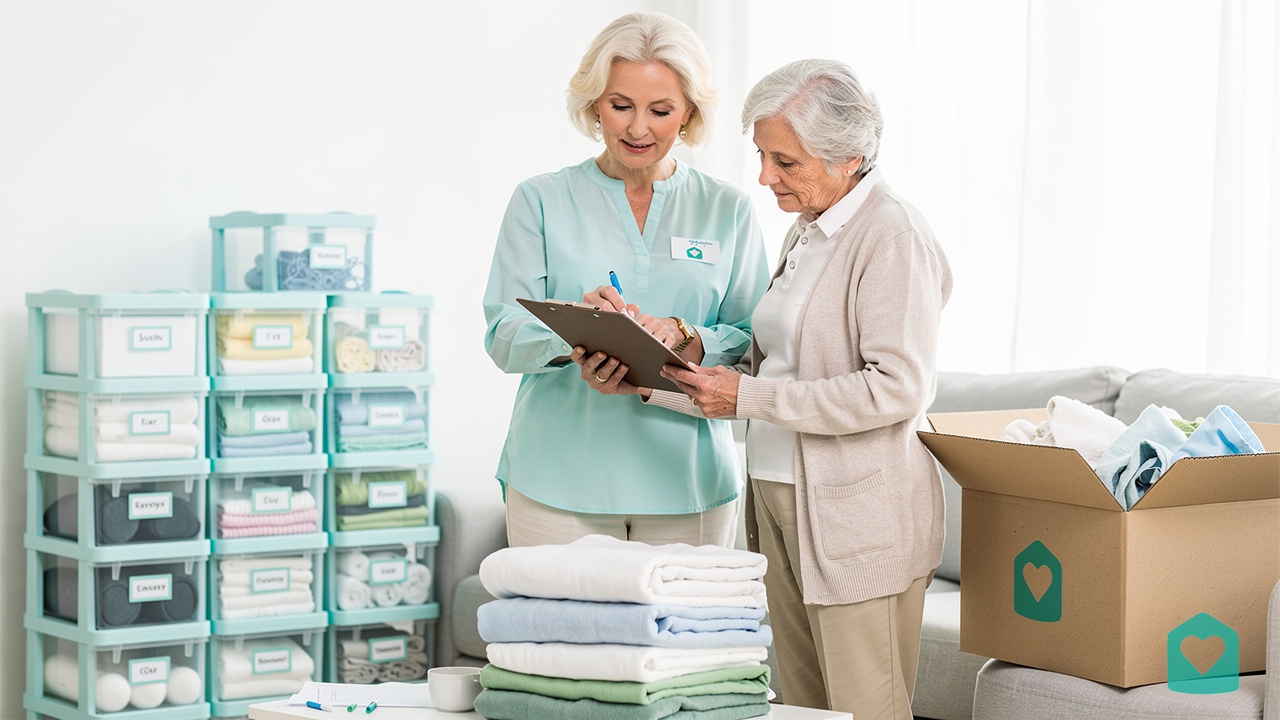 Professional organizer assisting senior with downsizing process