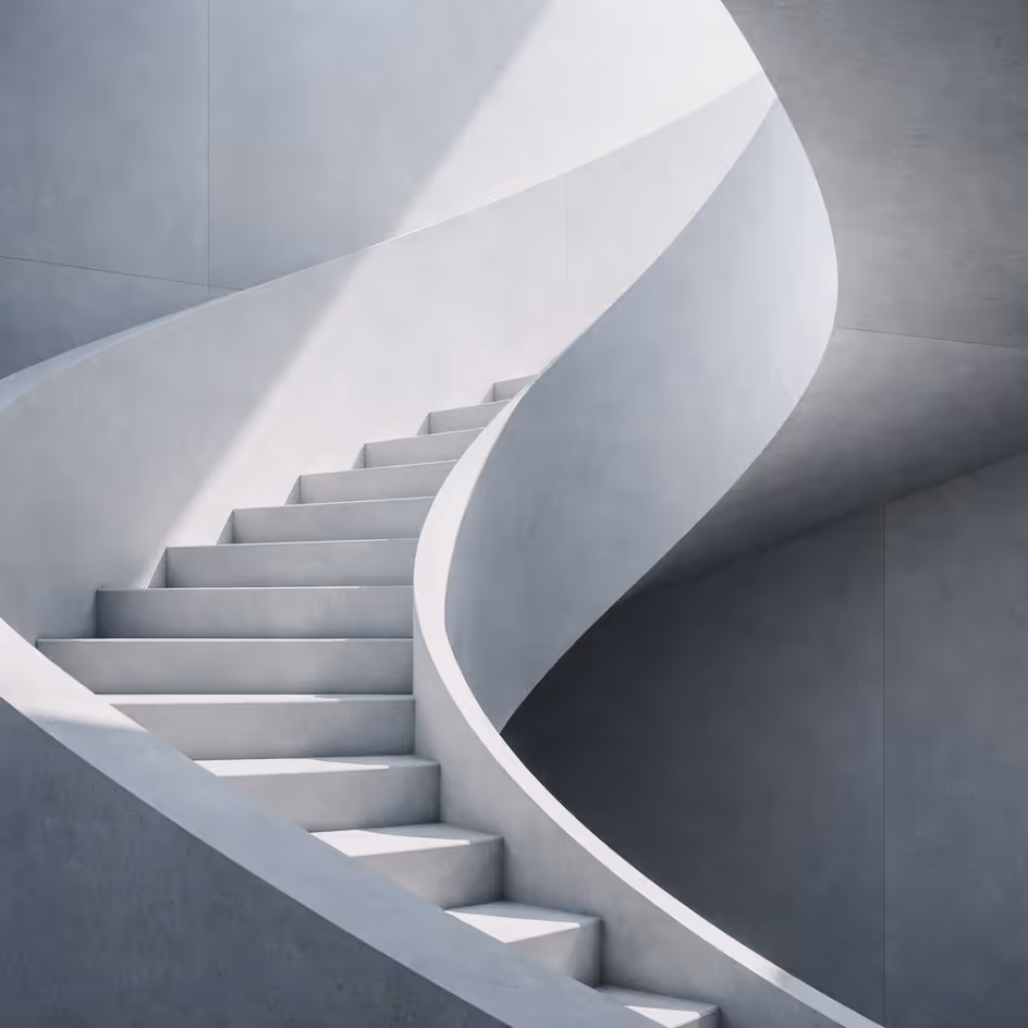 A minimalist curved concrete staircase, representing the solid operating foundation and structural path of emerging manager platforms.