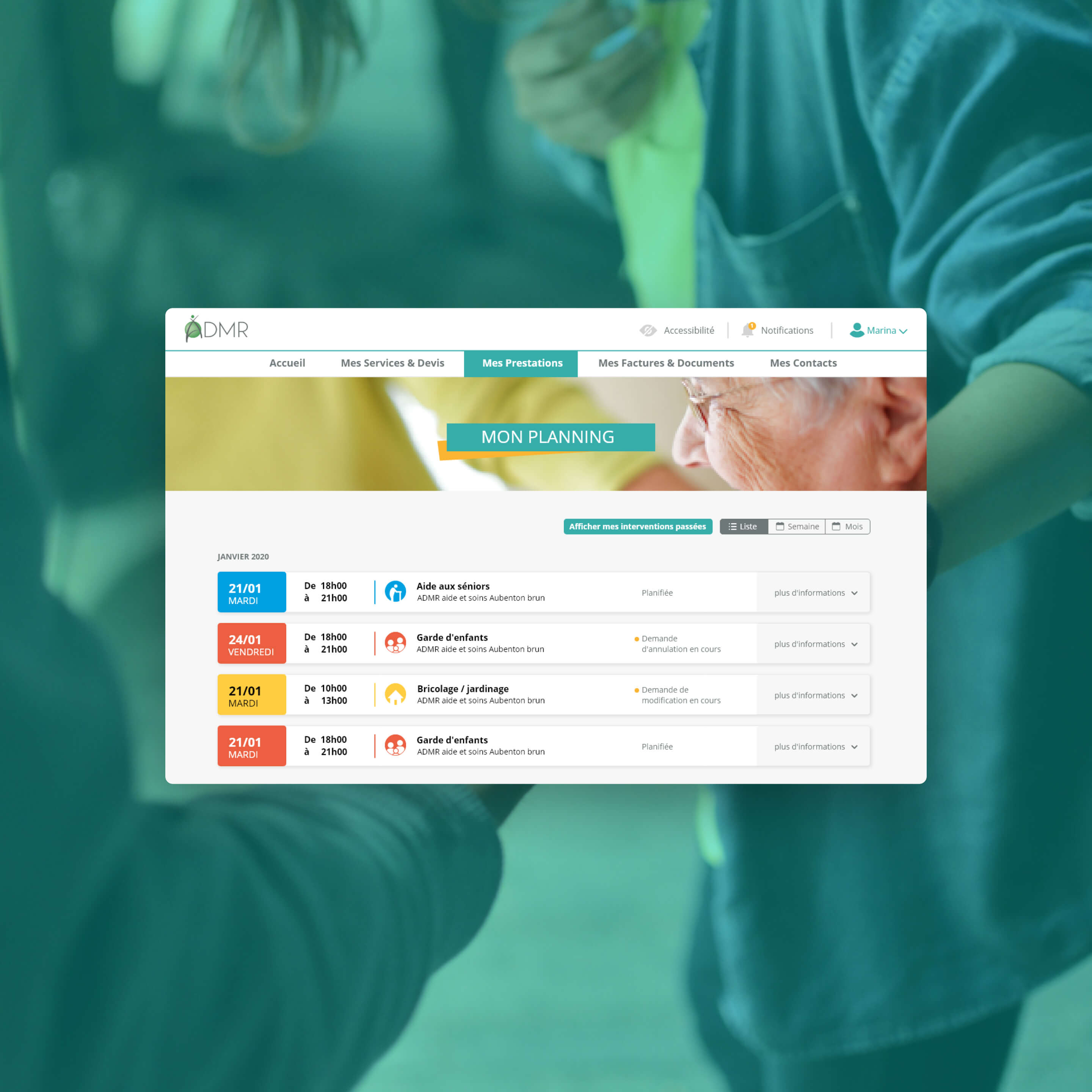 ADMR services user planning overview, highlighting various planned interventions.