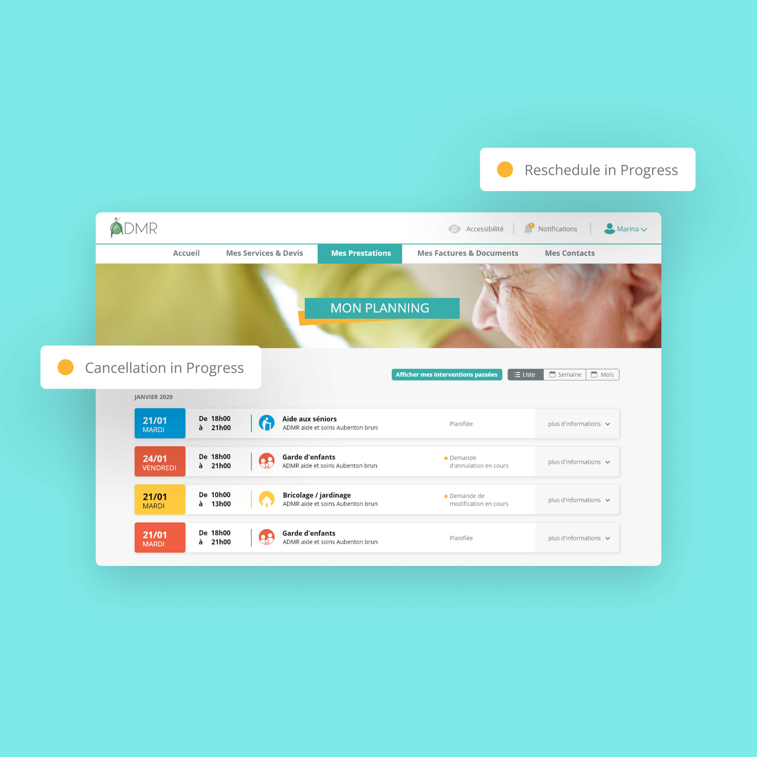 ADMR platform with integrated status indicators for tracking the progress of customer requests.