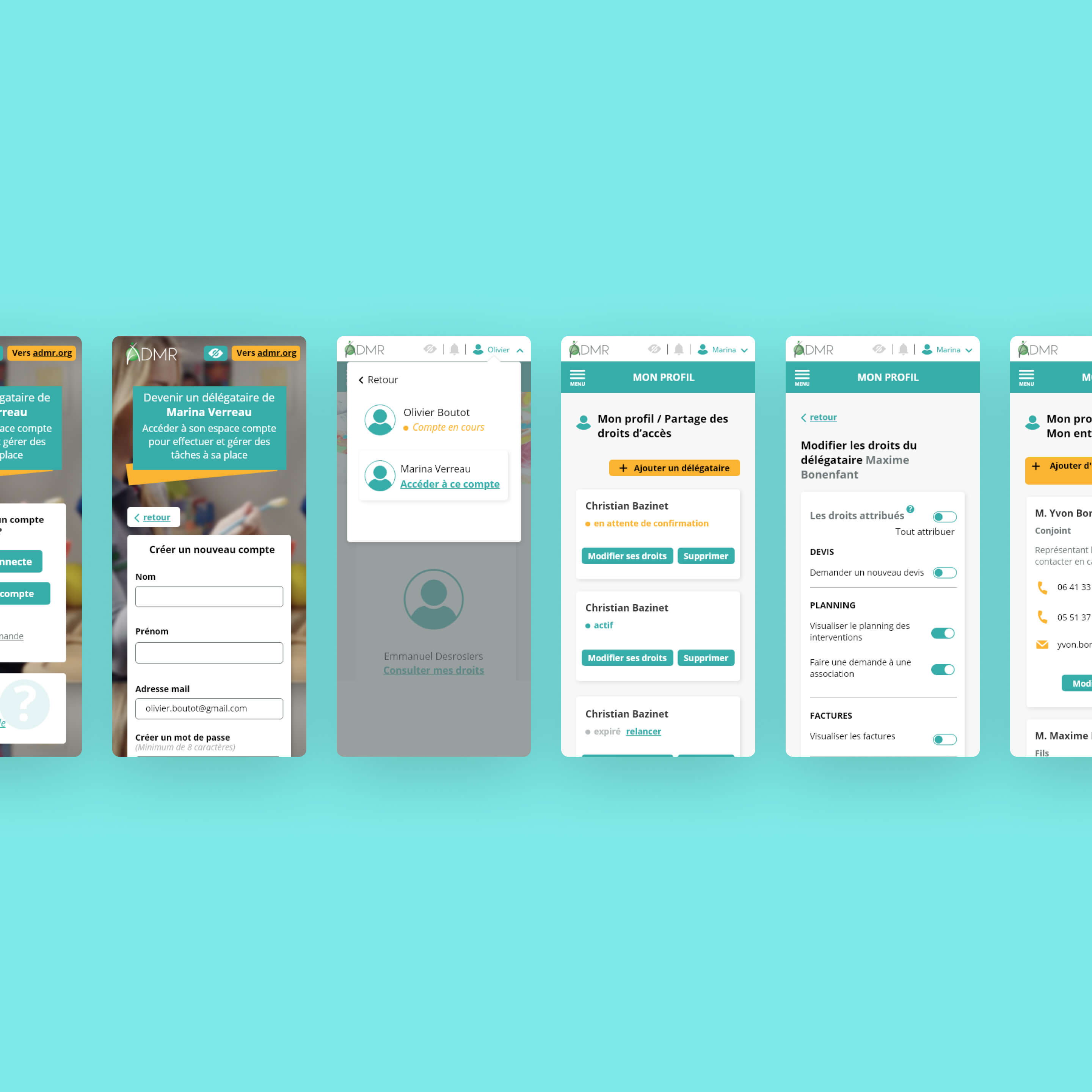 Mobile views of assisted access features for family and realtives on ADMR platform.