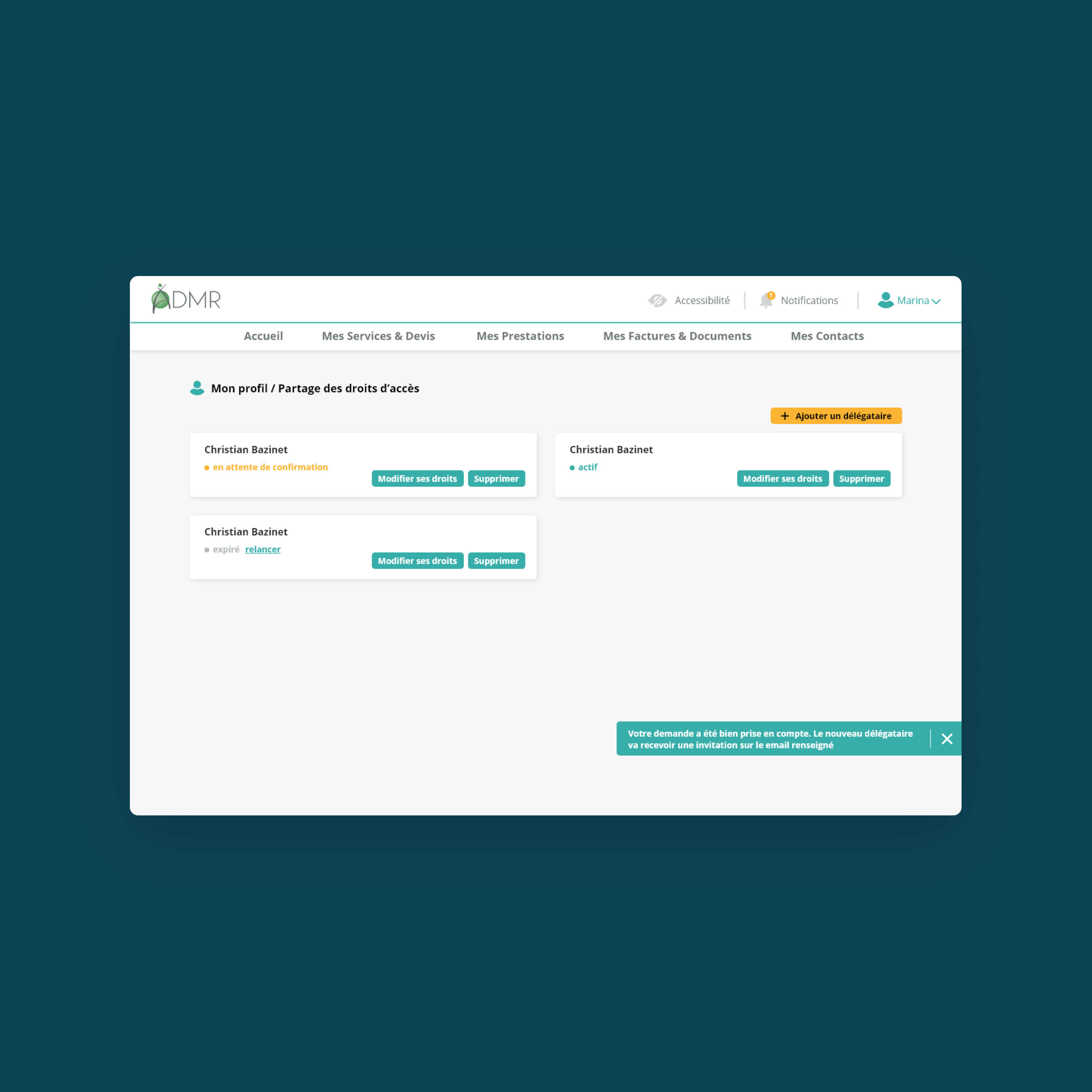 Desktop display featuring registered relatives with assisted access for user convenience.