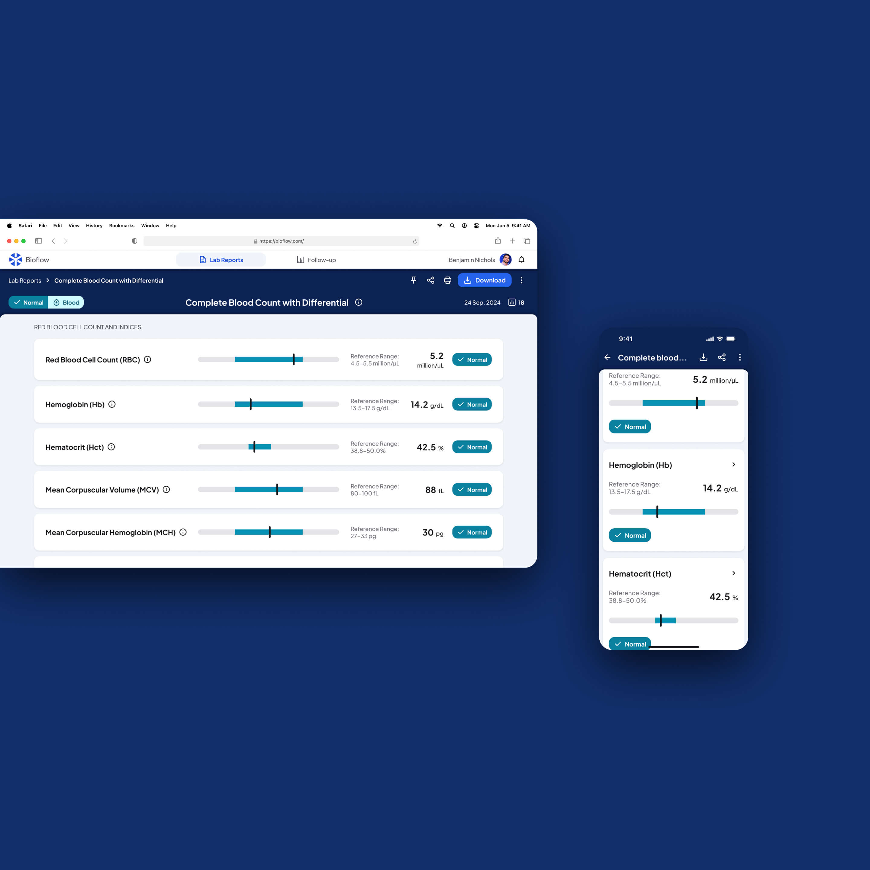 Lab test report view on Bioflow platform, optimized for both mobile and desktop devices.
