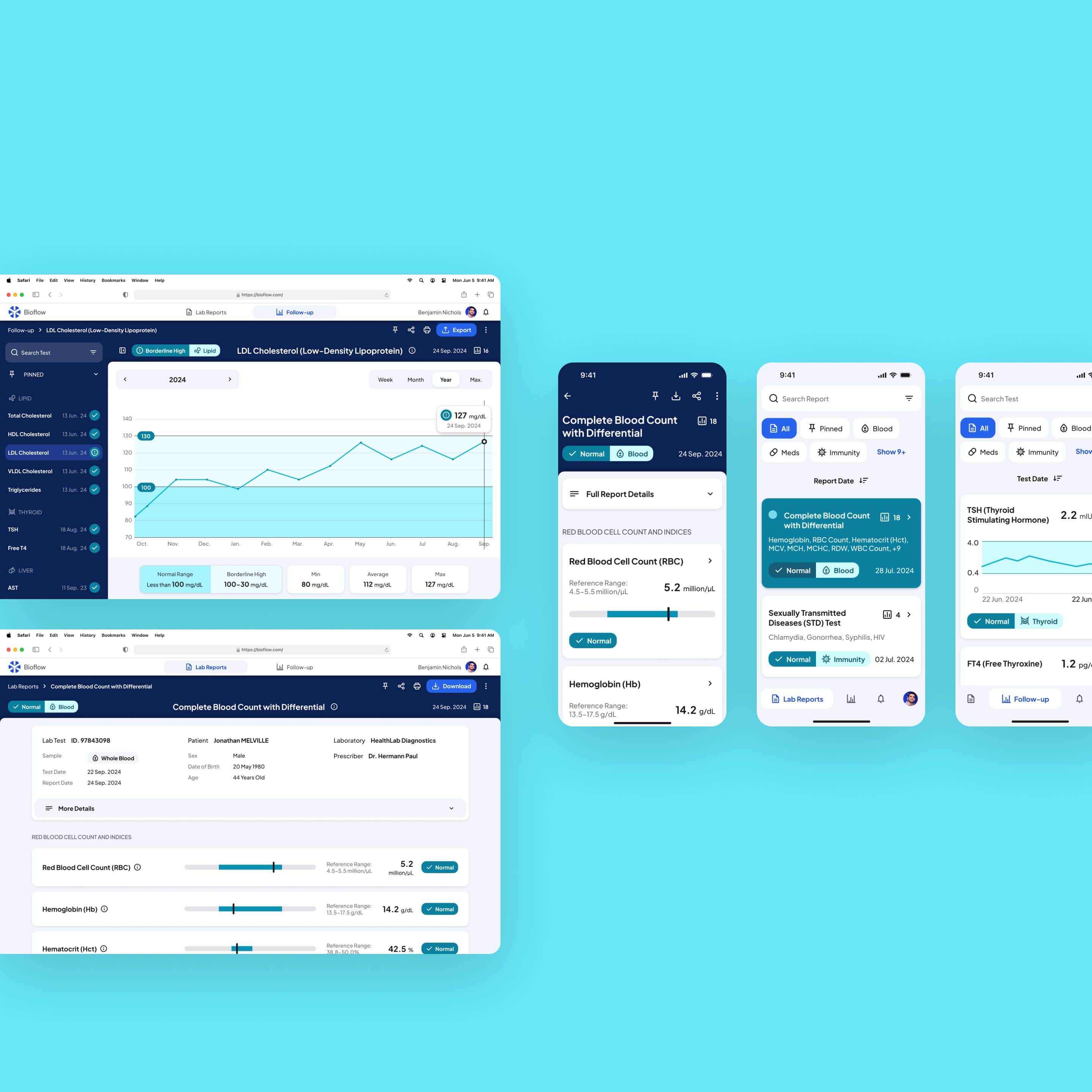 Overview of Bioflow digital platform both on desktop and mobile.