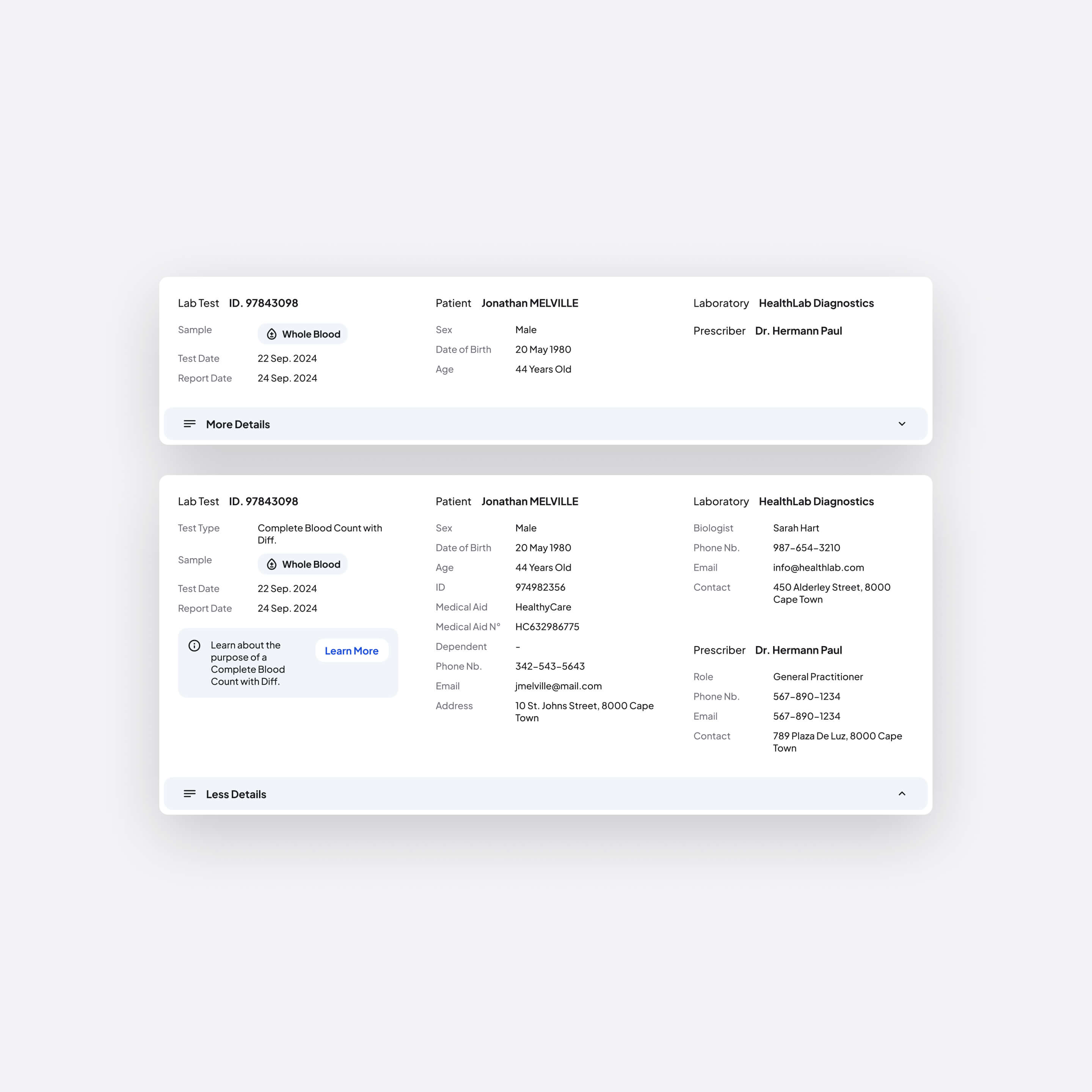 Progressive disclosure implemented in a UI card to selectively reveal more or less information about lab test details, purpose, and context.
