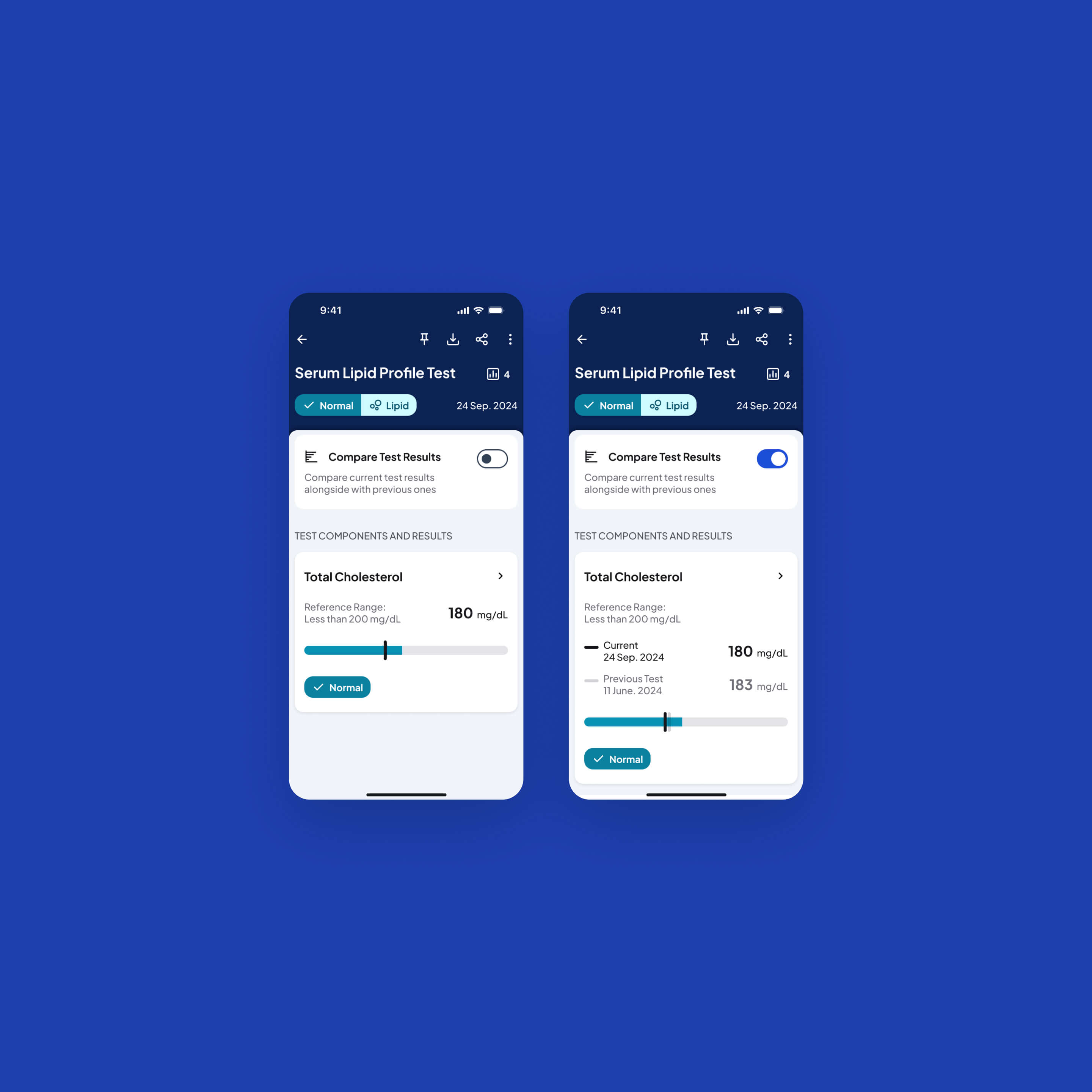 Mobile view of a test component with the option to compare result values with those of the previous test.