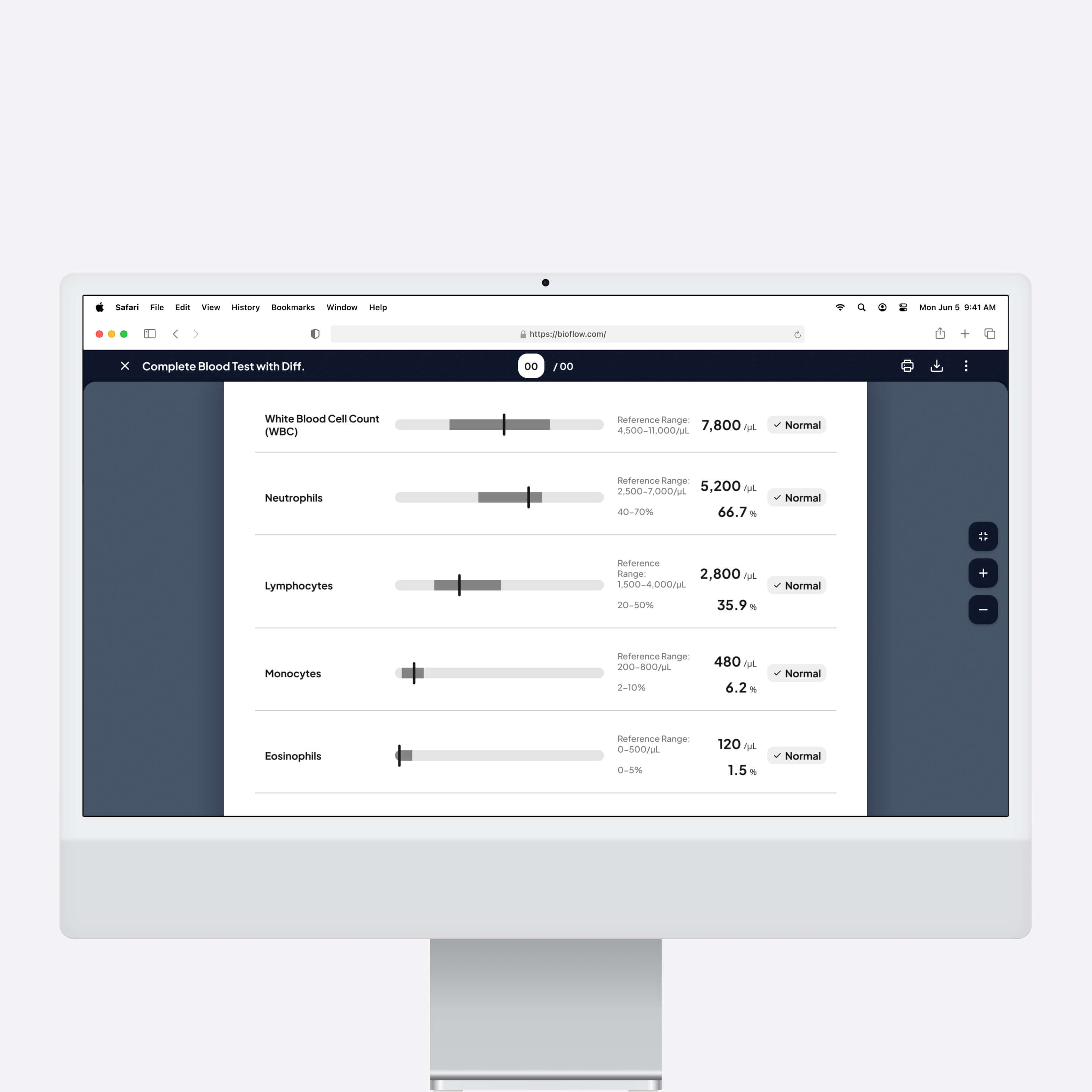 Desktop view of the modal for printing a digital lab report in clear black and white A4 format.