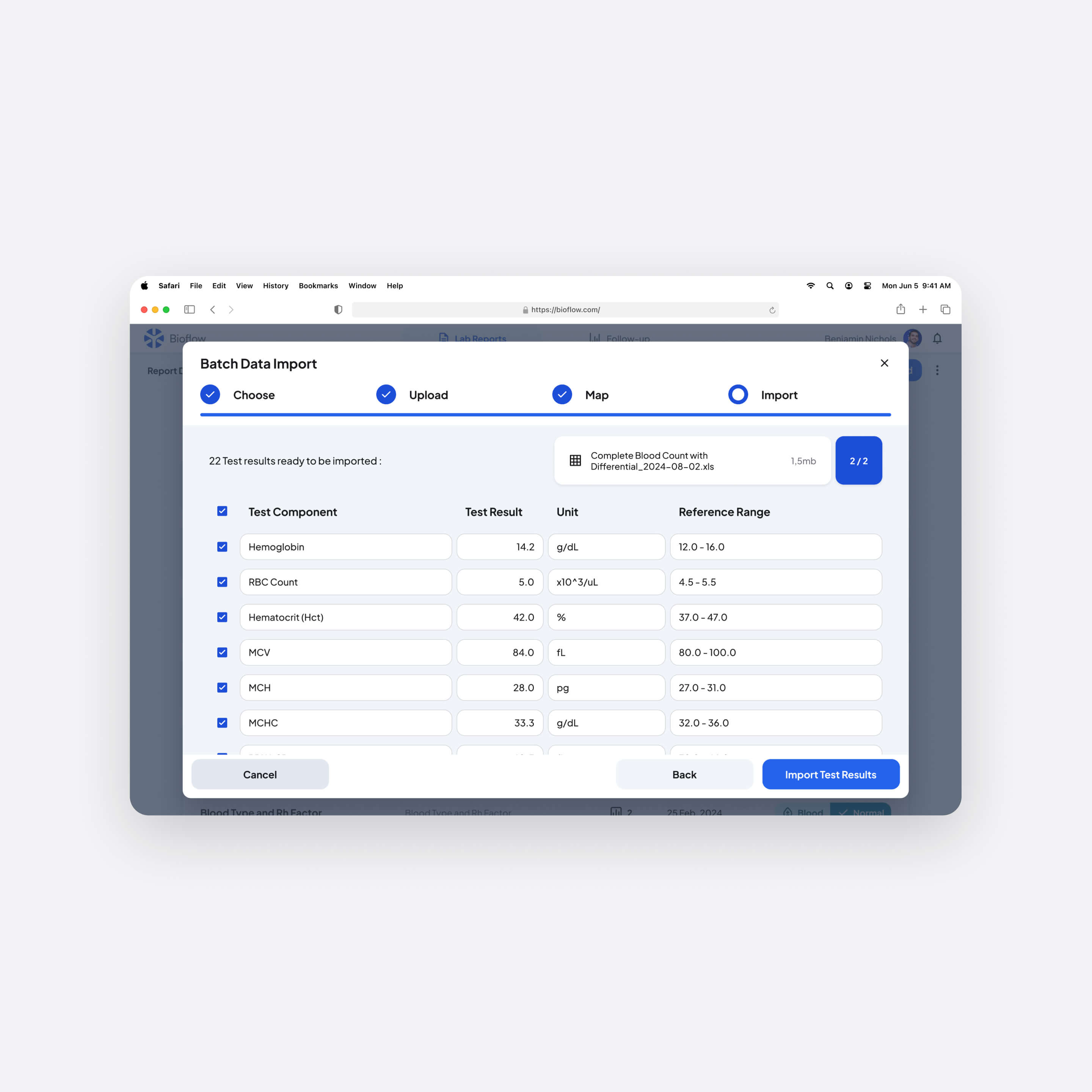 Batch Data Import interface showing test components like Hemoglobin, RBC Count, Hematocrit, MCV, MCH, MCHC with corresponding test results, units, and reference ranges, ready to import from an Excel file.