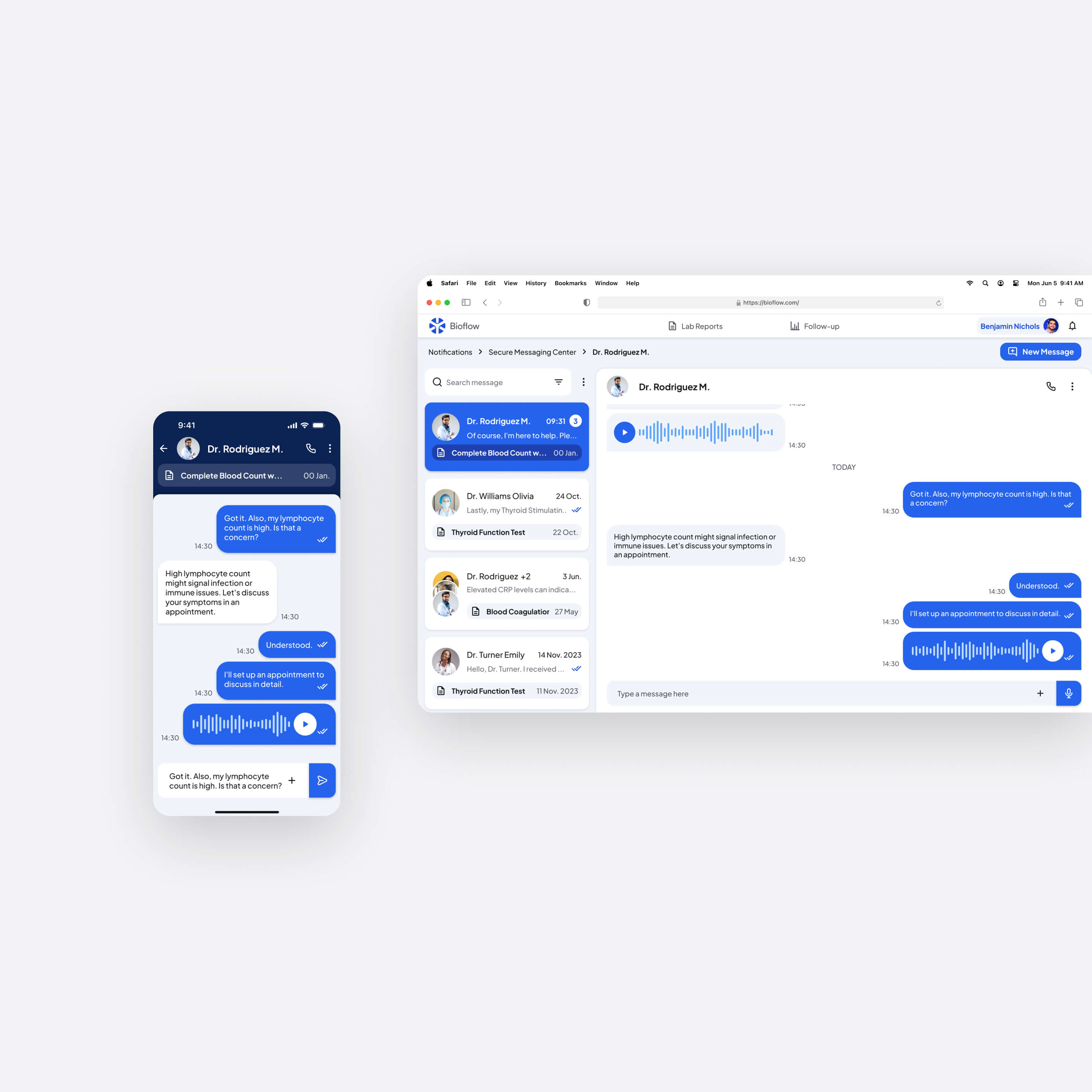 Mobile and desktop views of the secure communication channel, showcasing the chat feed between a patient and medical staff.