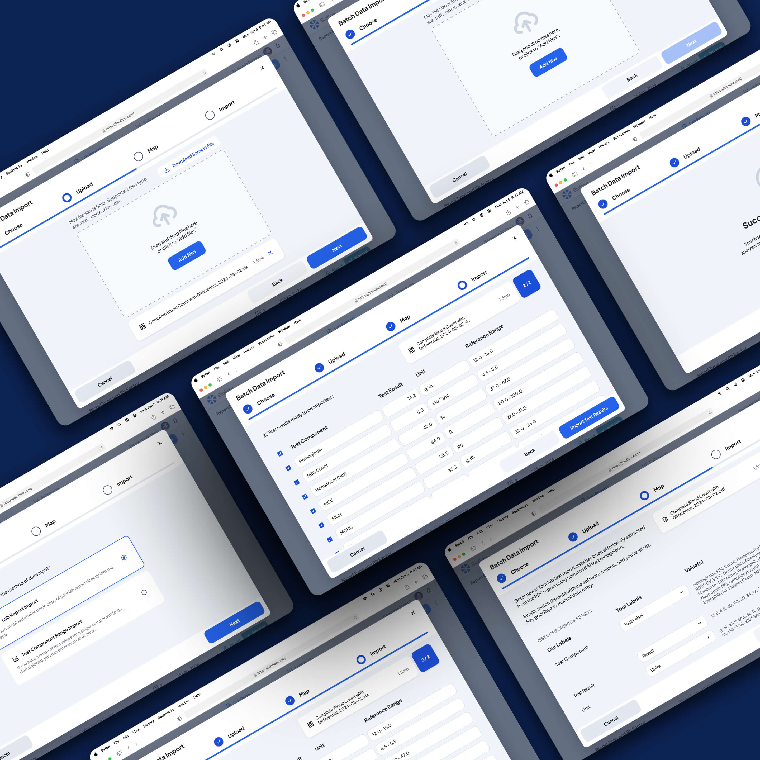 Sequential views of the desktop modal illustrating each step in the batch import process for lab test results on the platform.