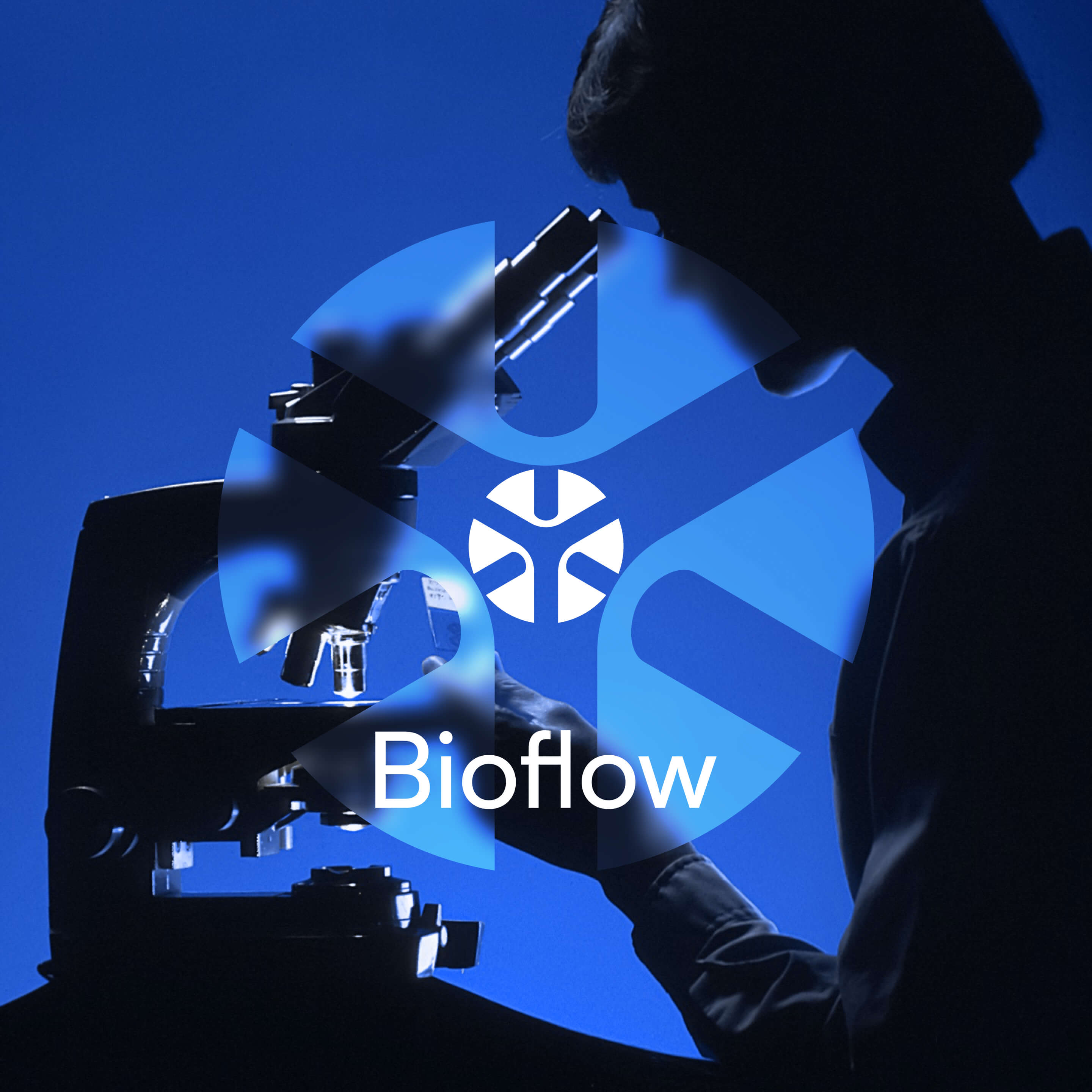 Integration of the Bioflow logo into an image featuring a lab biologist with a microscope.