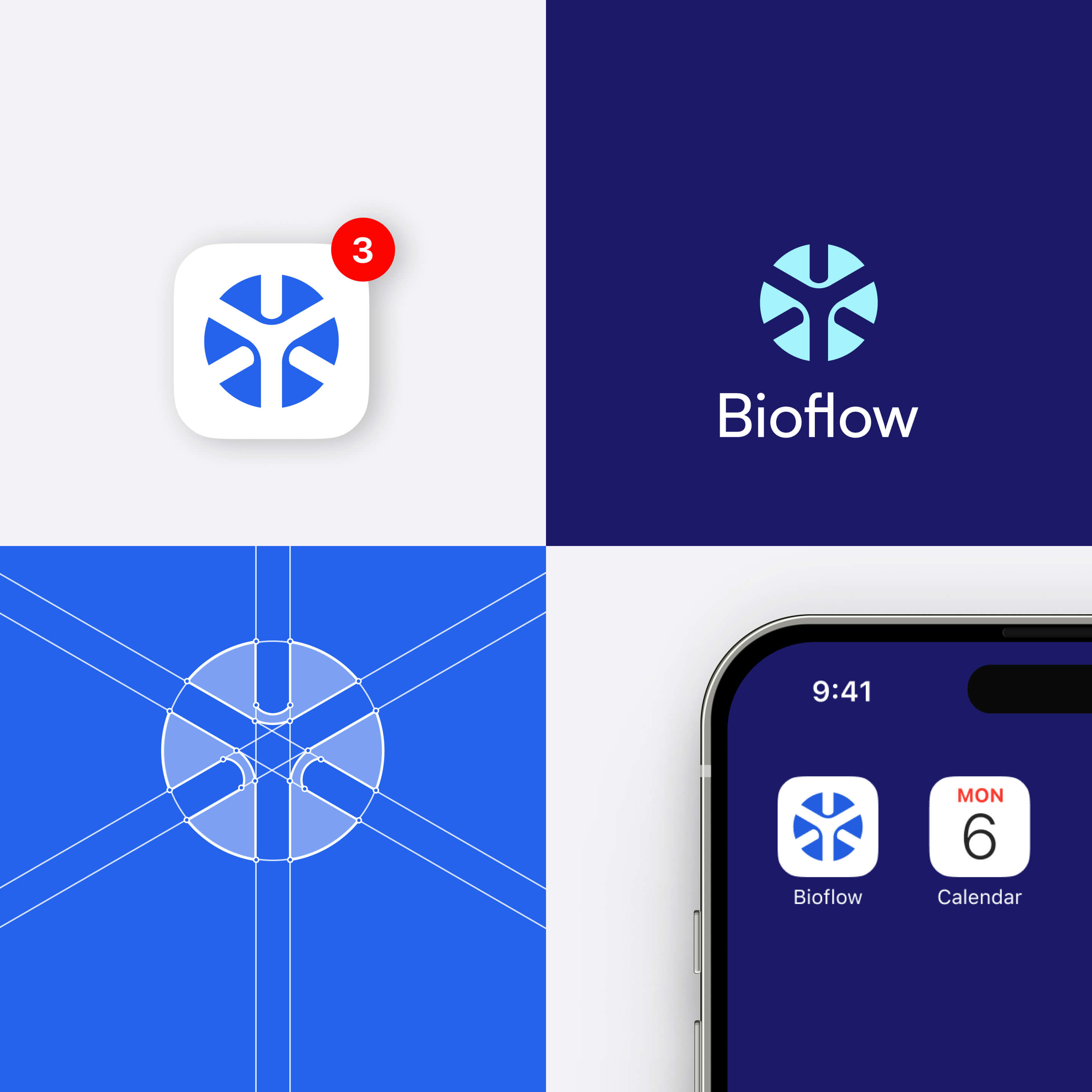 Various perspectives of the Bioflow logo, including an illustration of the Bioflow app tile on an iOS iPhone device.