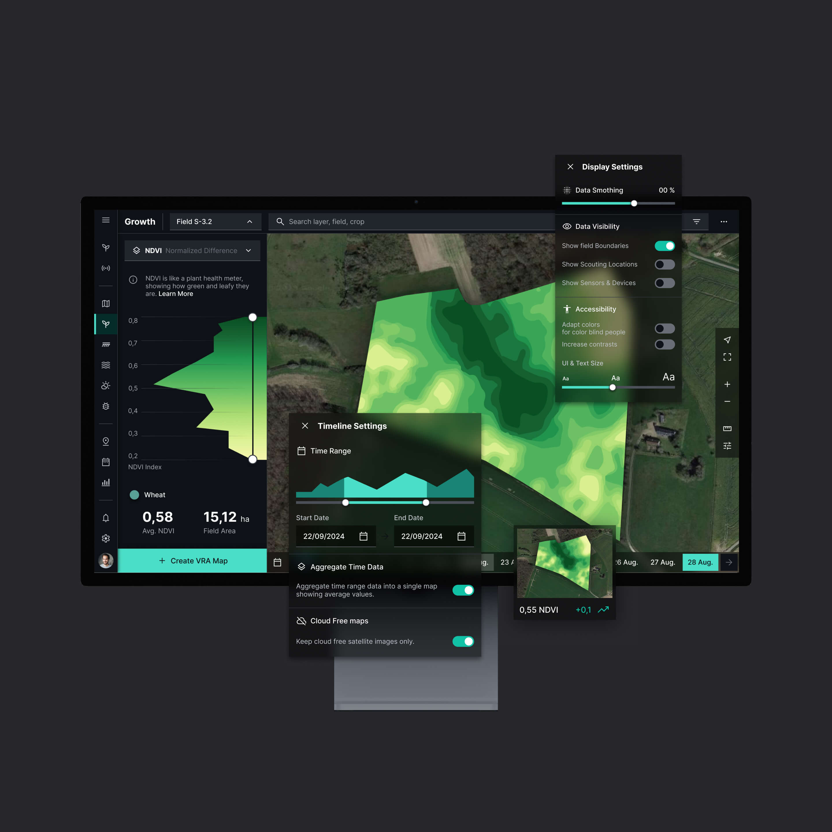 Overview of Fieldwise dekstop platform. Computer screen displaying a field analysis software with NDVI plant health map, timeline settings, display options, and accessibility controls.