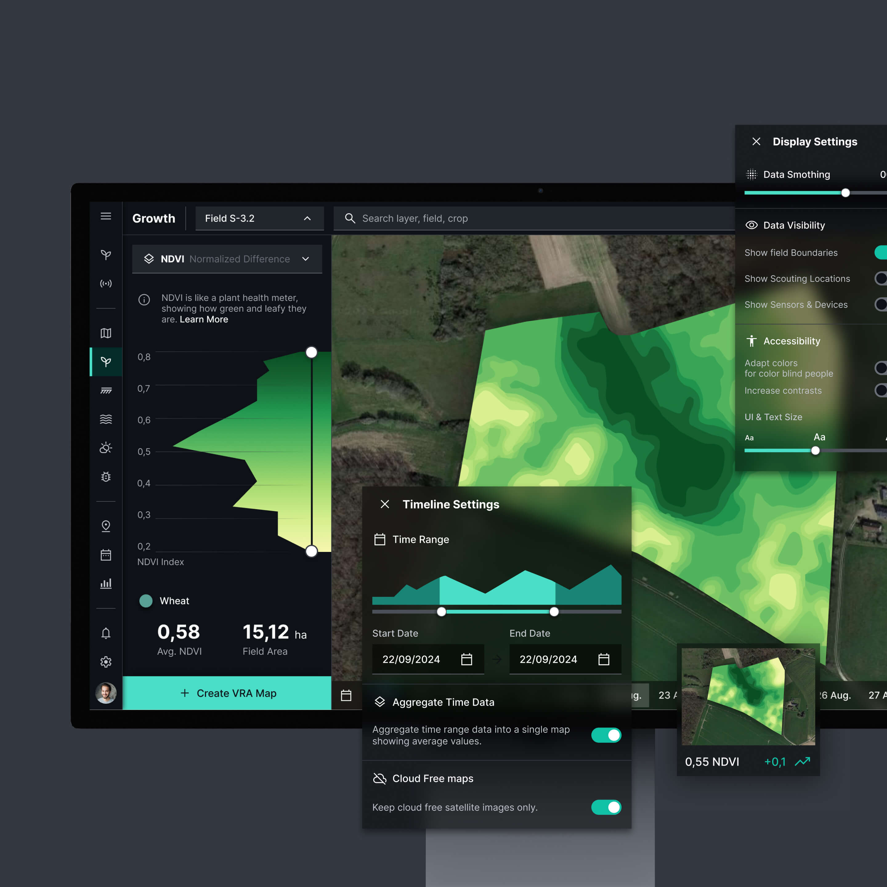 Fielwise project thumbnail. Interface showing NDVI map for a field with settings for timeline, data smoothing, visibility options, and accessibility.
