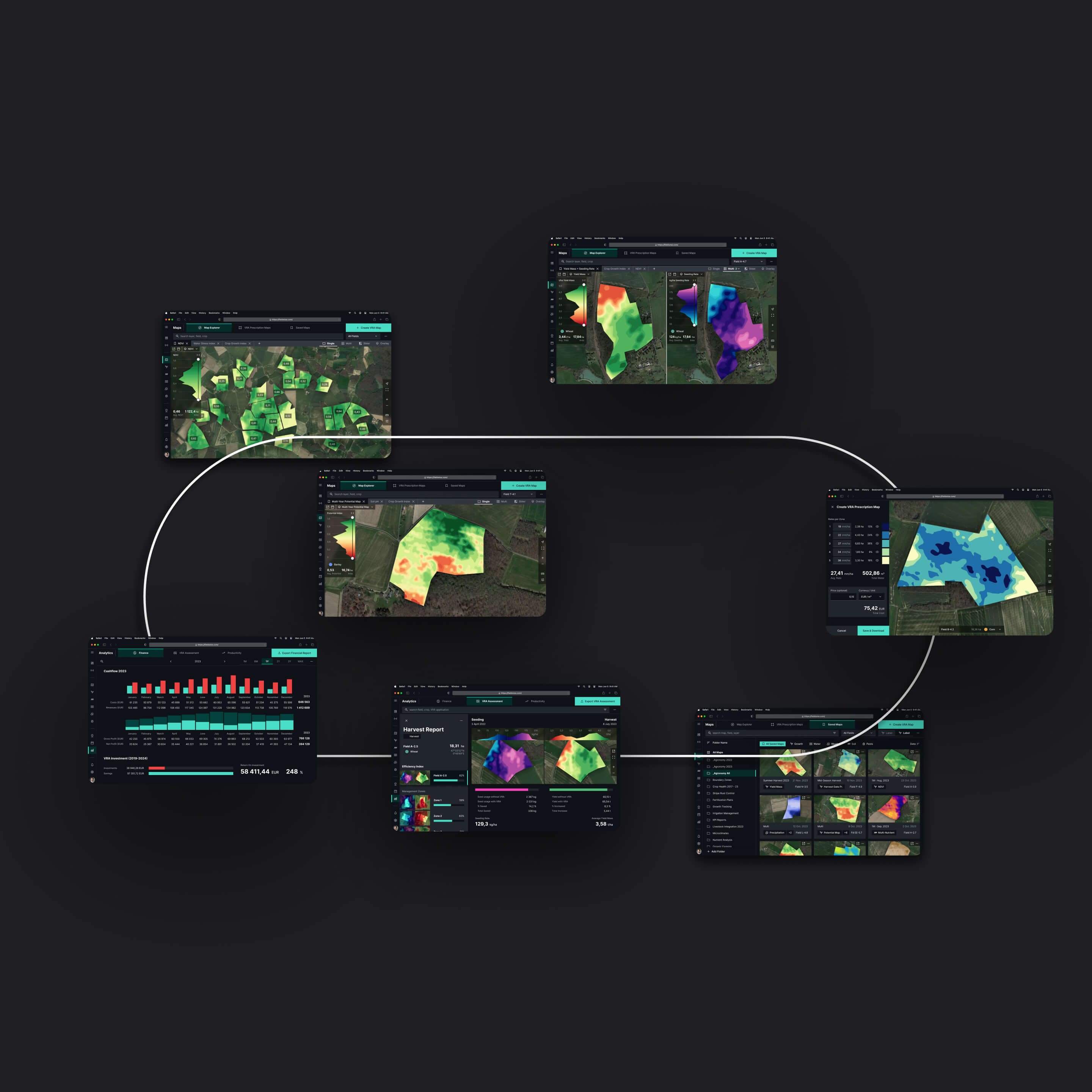 Looped sequence of various desktop screens illustrating the iterative process of consistently measuring the impact of precision agriculture interventions to enhance intelligent actions on fields.