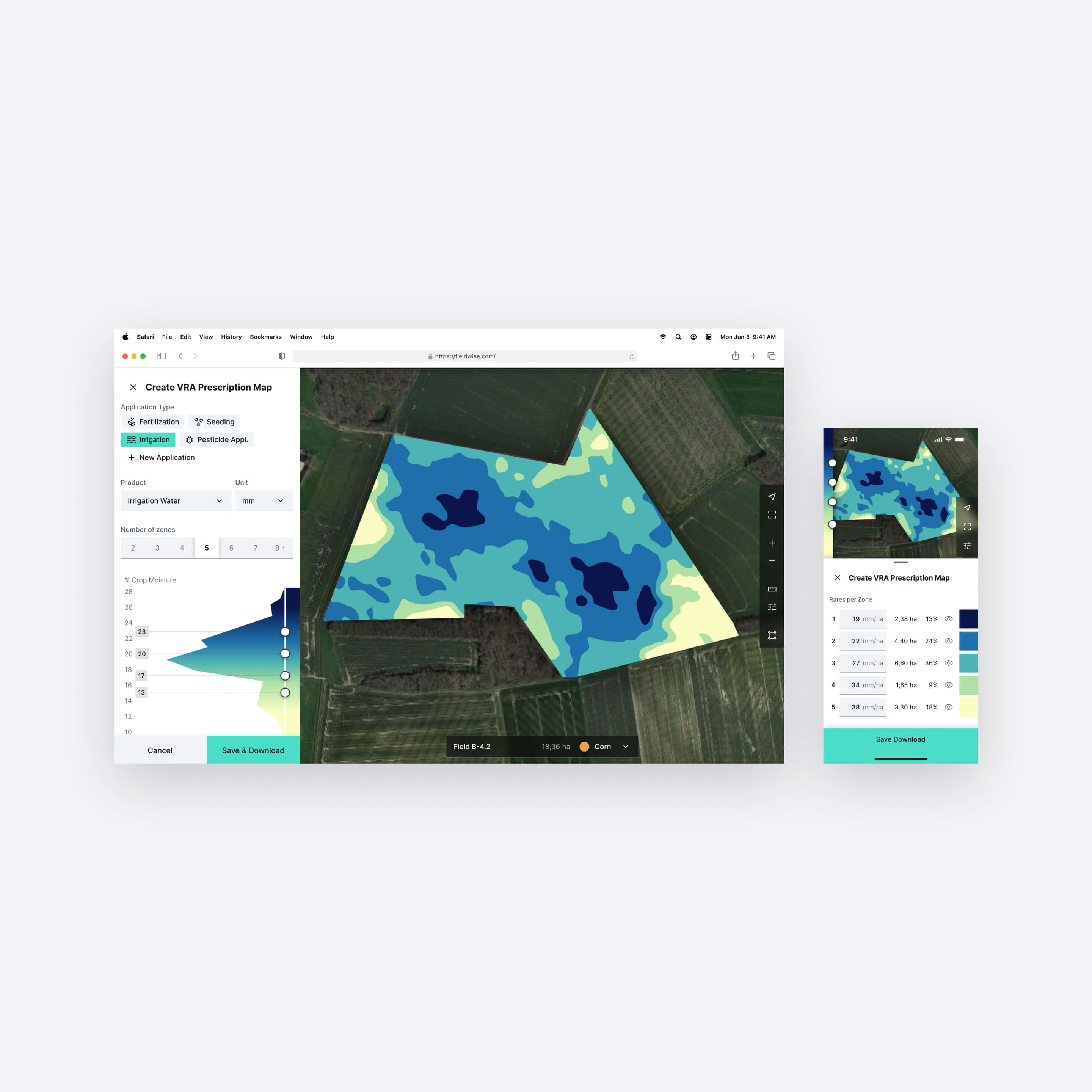 Responsive modal for both desktop and mobile, facilitating the generation of variable application rate maps with customizable care zones.