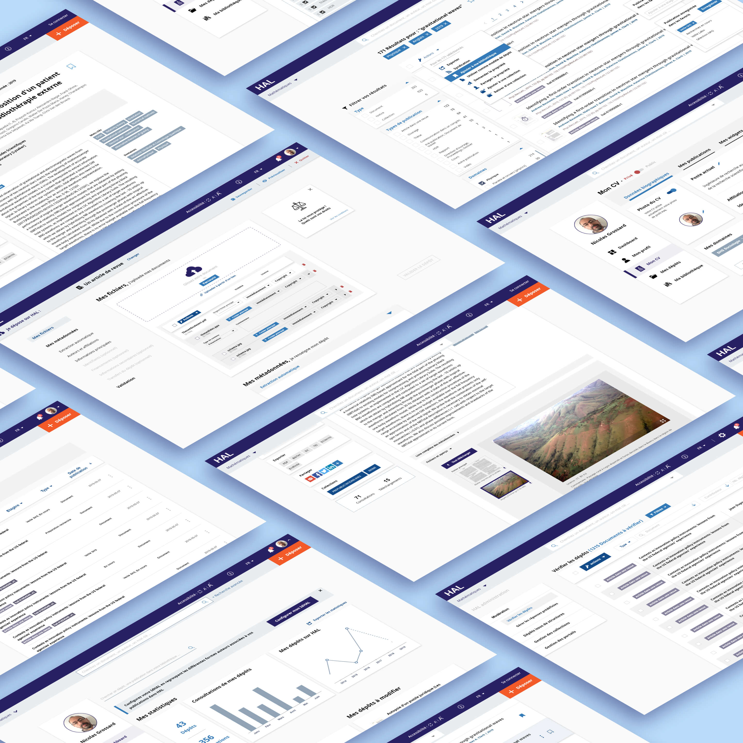 Overview of the HAL redesign. Multiple overlapping screenshots of an academic research platform showing user profiles, document uploads, search results, statistics, and metadata editing.