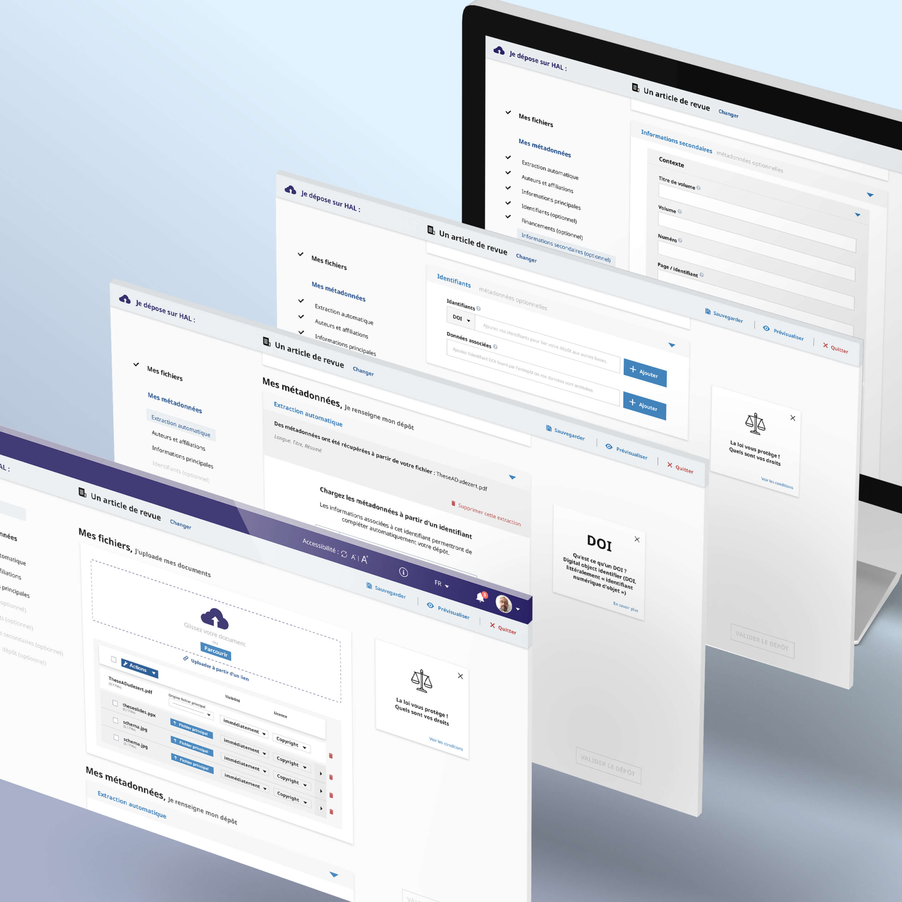 Screenshot showcasing various steps within the upload form modal in HAL.