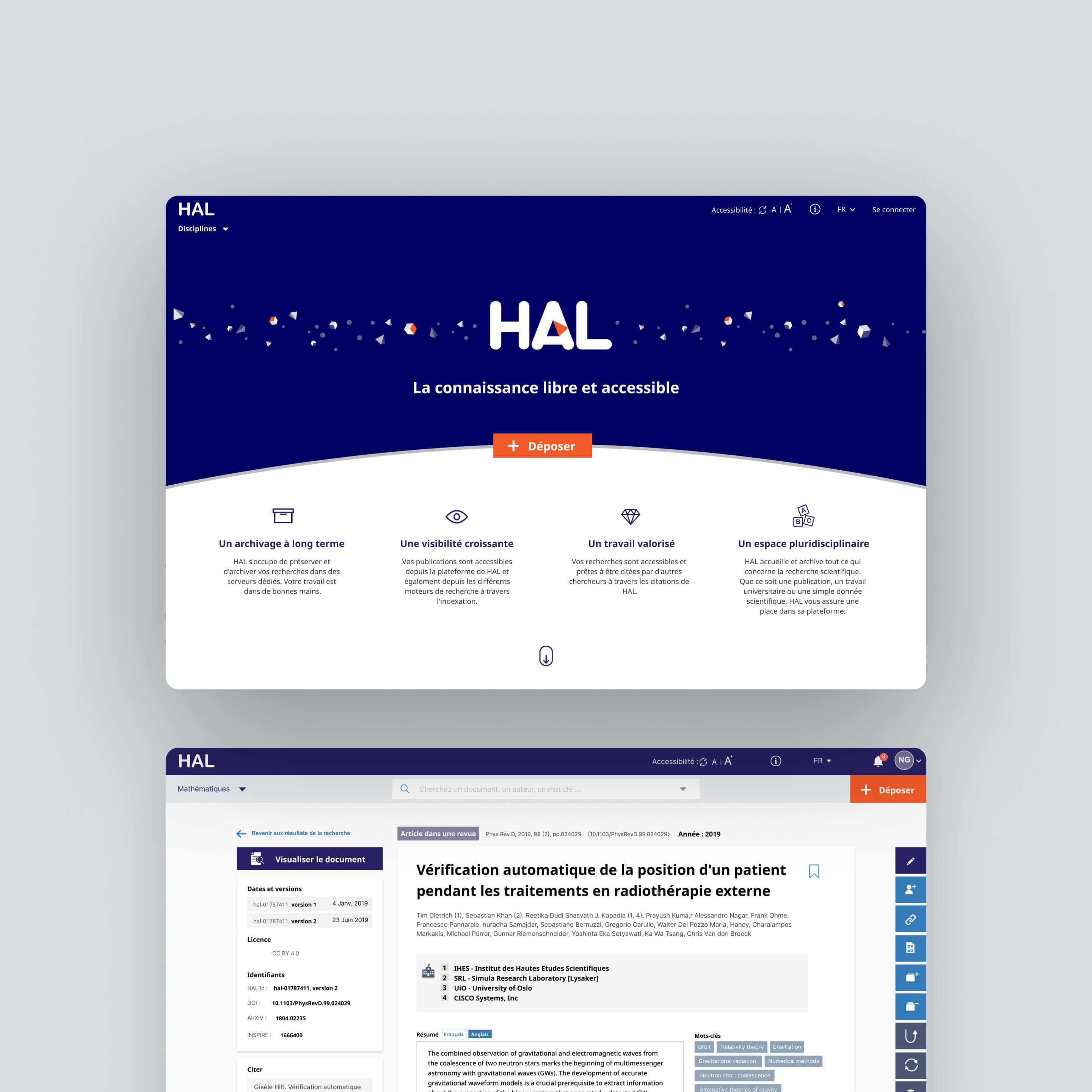 Screenshot of HAL open access platform homepage highlighting long-term archiving, growing visibility, valued work, and multidisciplinary space, with a sample research article displayed below.