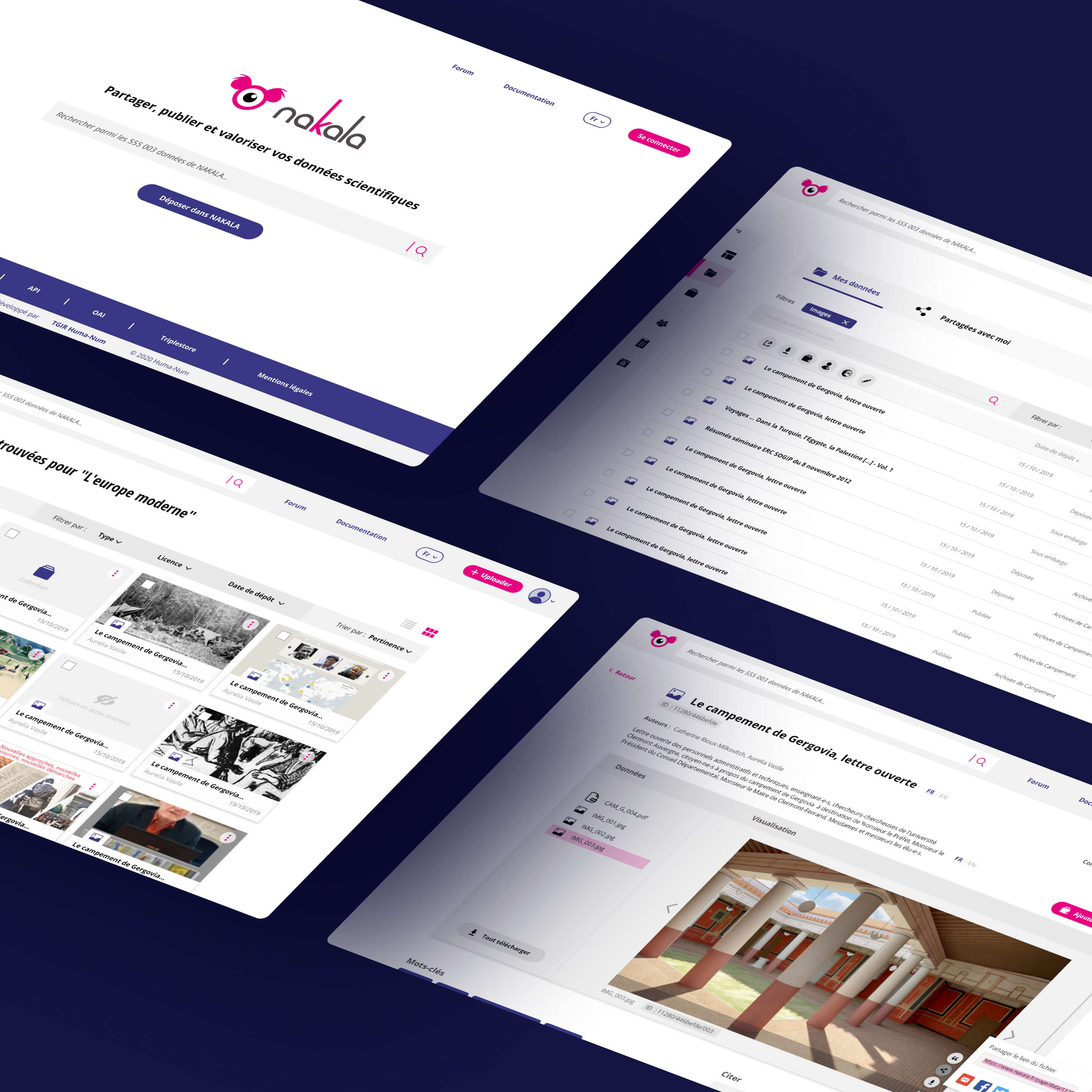 Nakala Project thumbnail. Screenshot collage of Nakala website showing data search, file upload, and scientific data management interface in French.