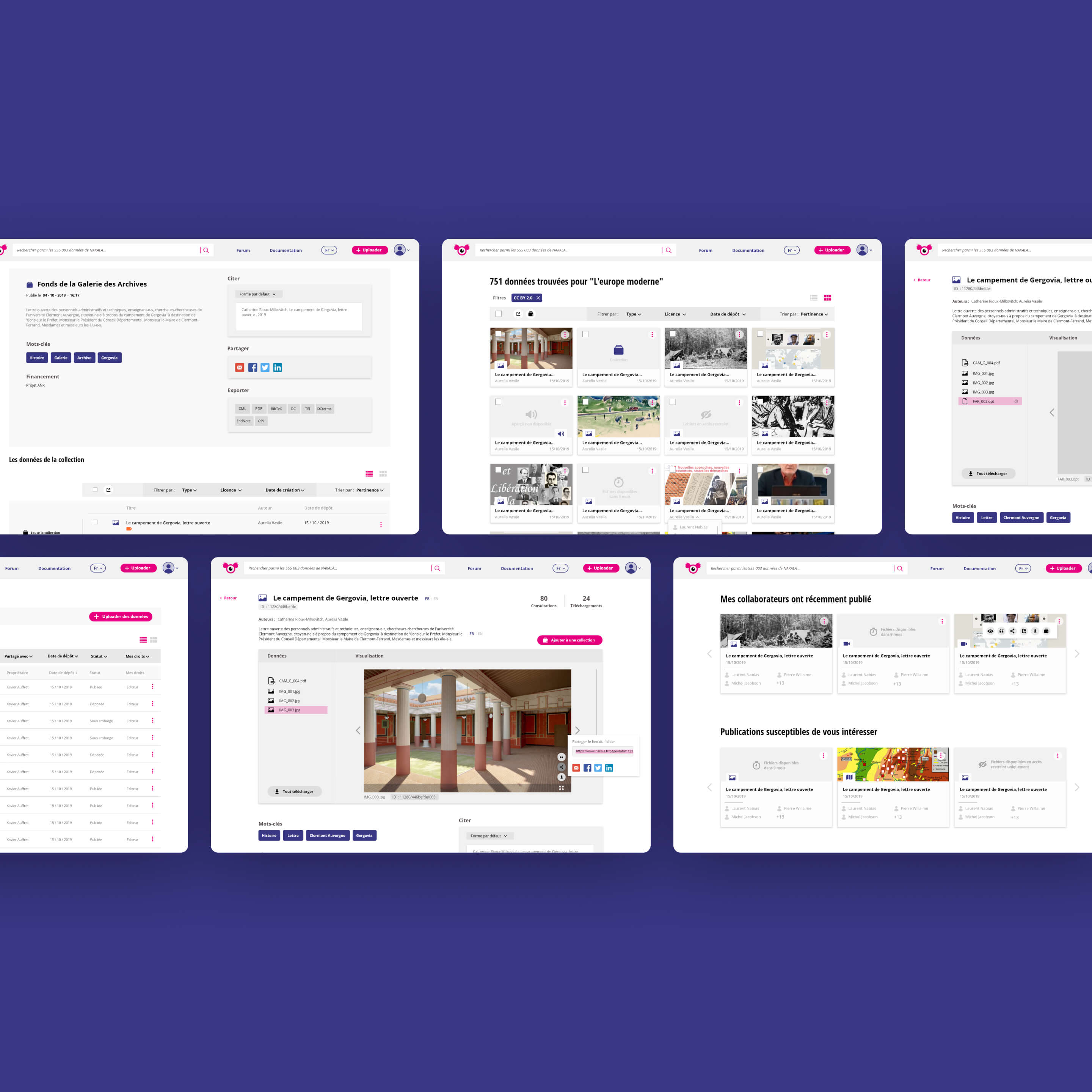 Various desktop screens of Nakala's redesigned platform, highlighting the overall new platform identity and visual design featuring a clean and modern UI.