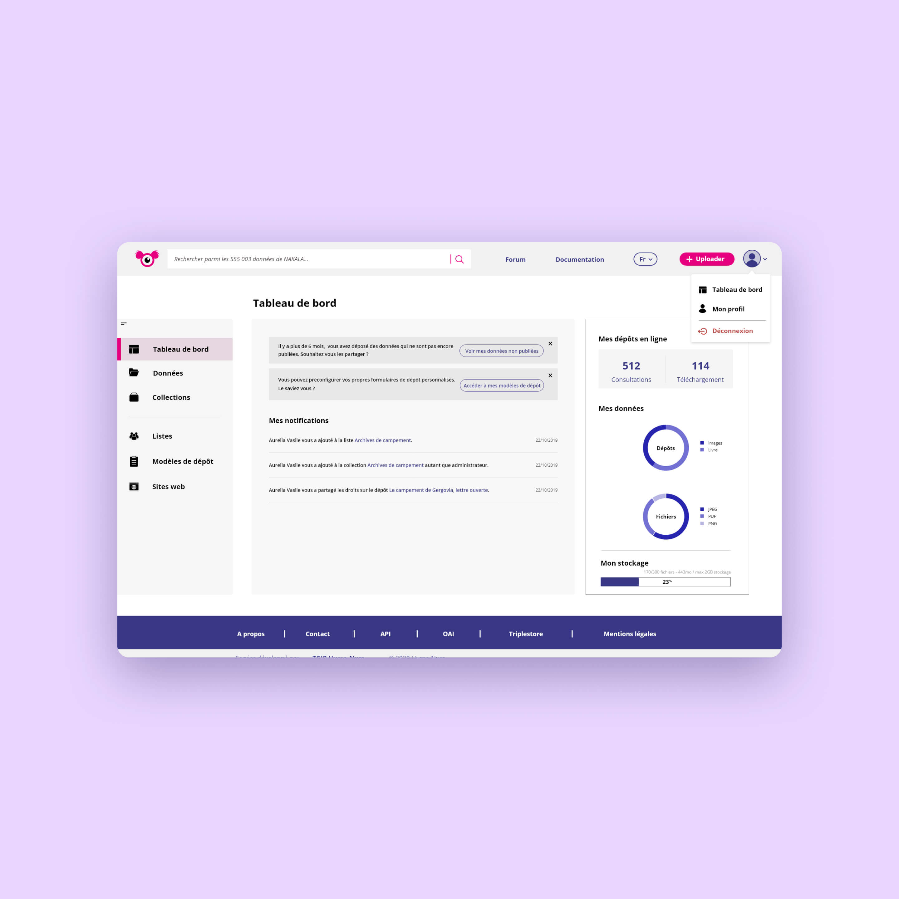 Desktop view of Nakala's new private workspace for researchers, providing them with the ability to manage and organize their own data.
