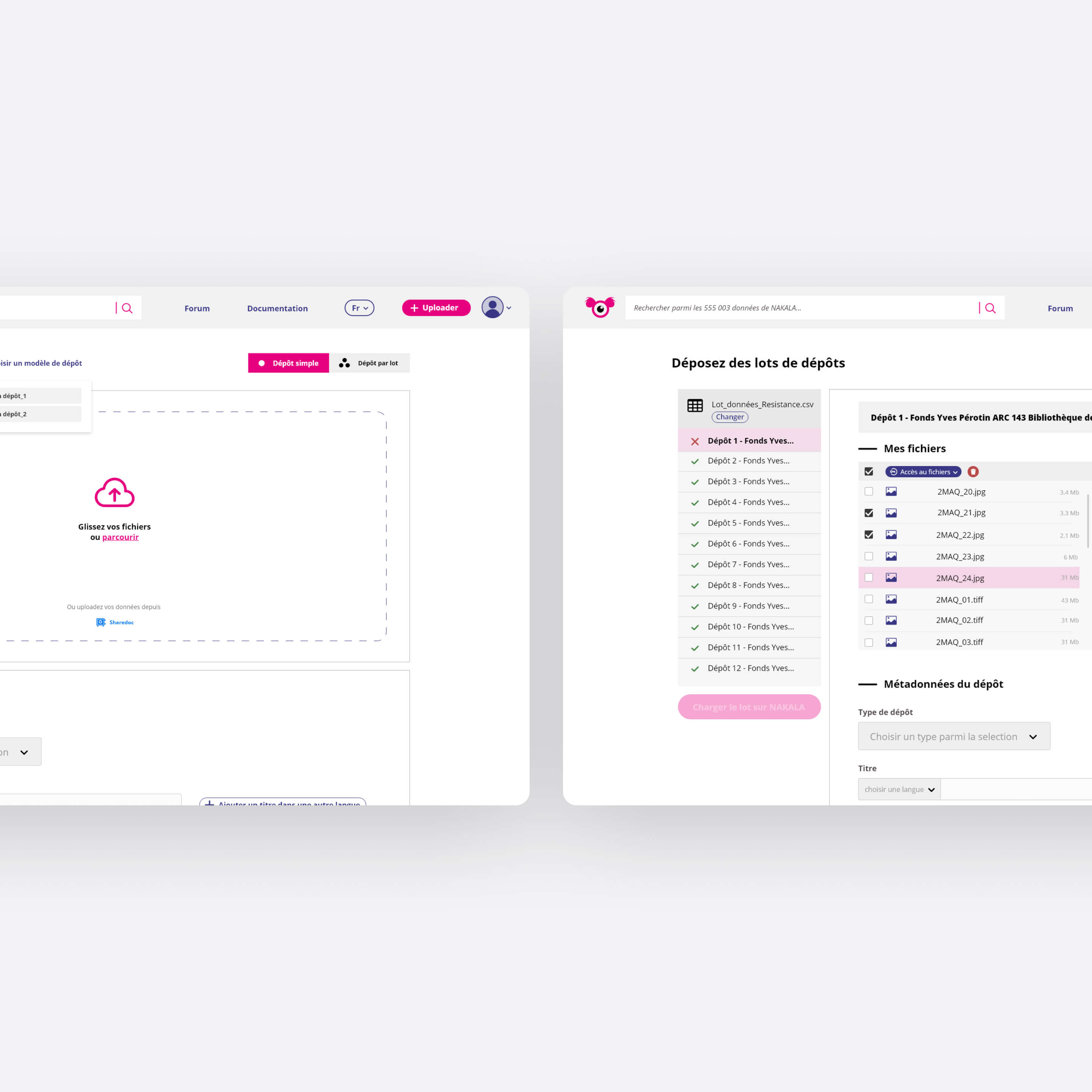 Desktop view of the new data upload form in Nakala, featuring a toggle control for switching between individual and batch import options.