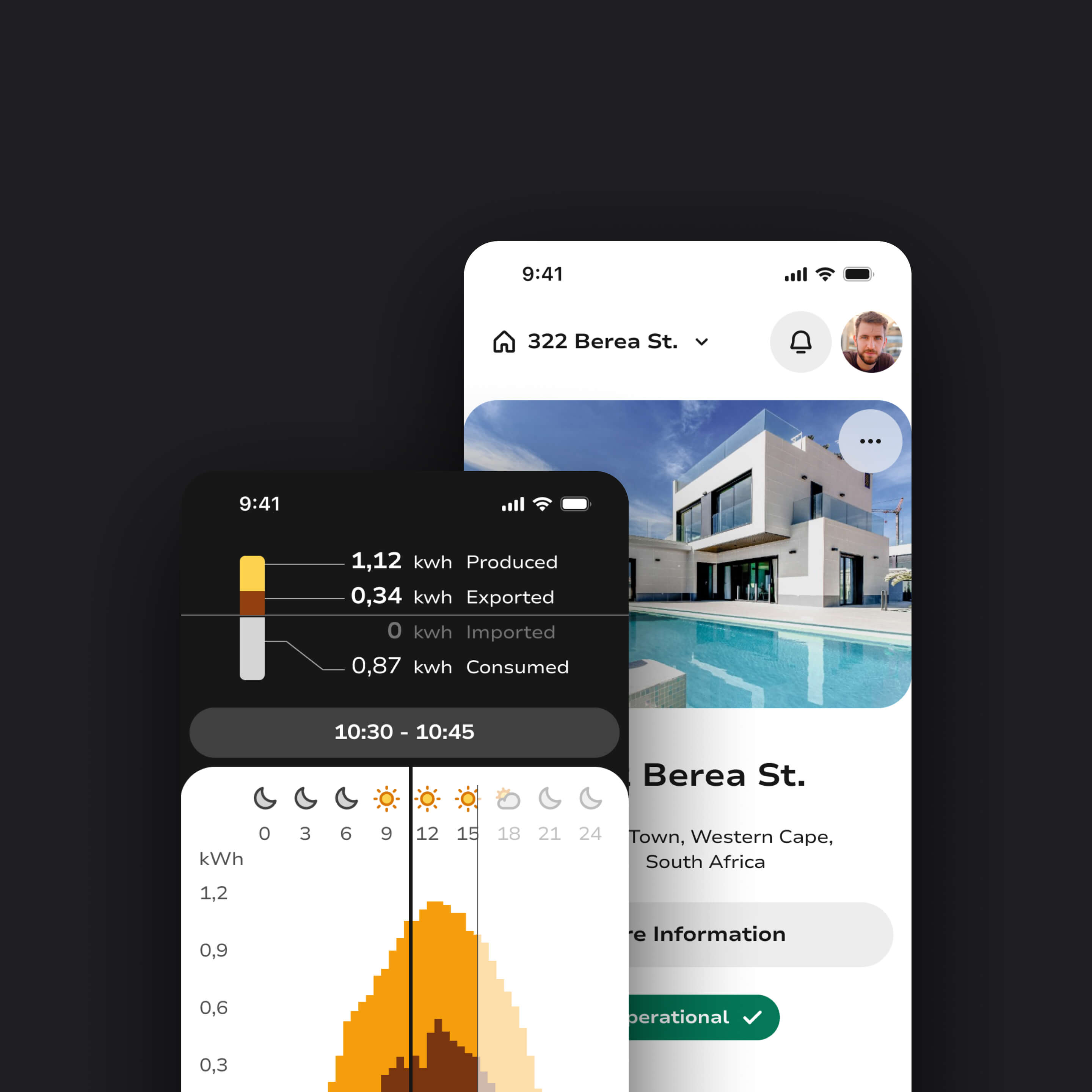 Pulsun project thumbnail. Mobile app interface showing energy production, export, and consumption data.