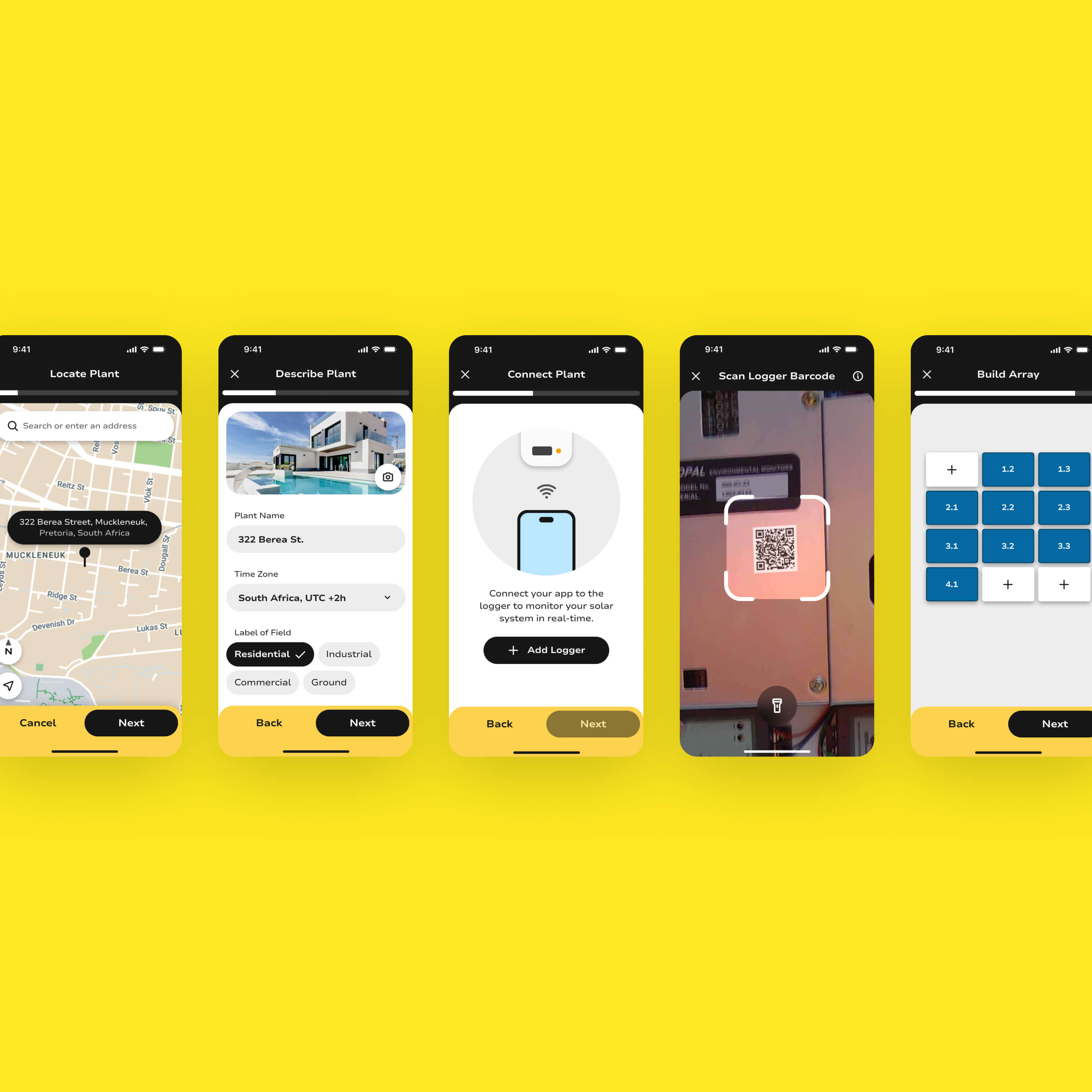 Pulsun modal and various steps for setting up a solar installation within the app.
