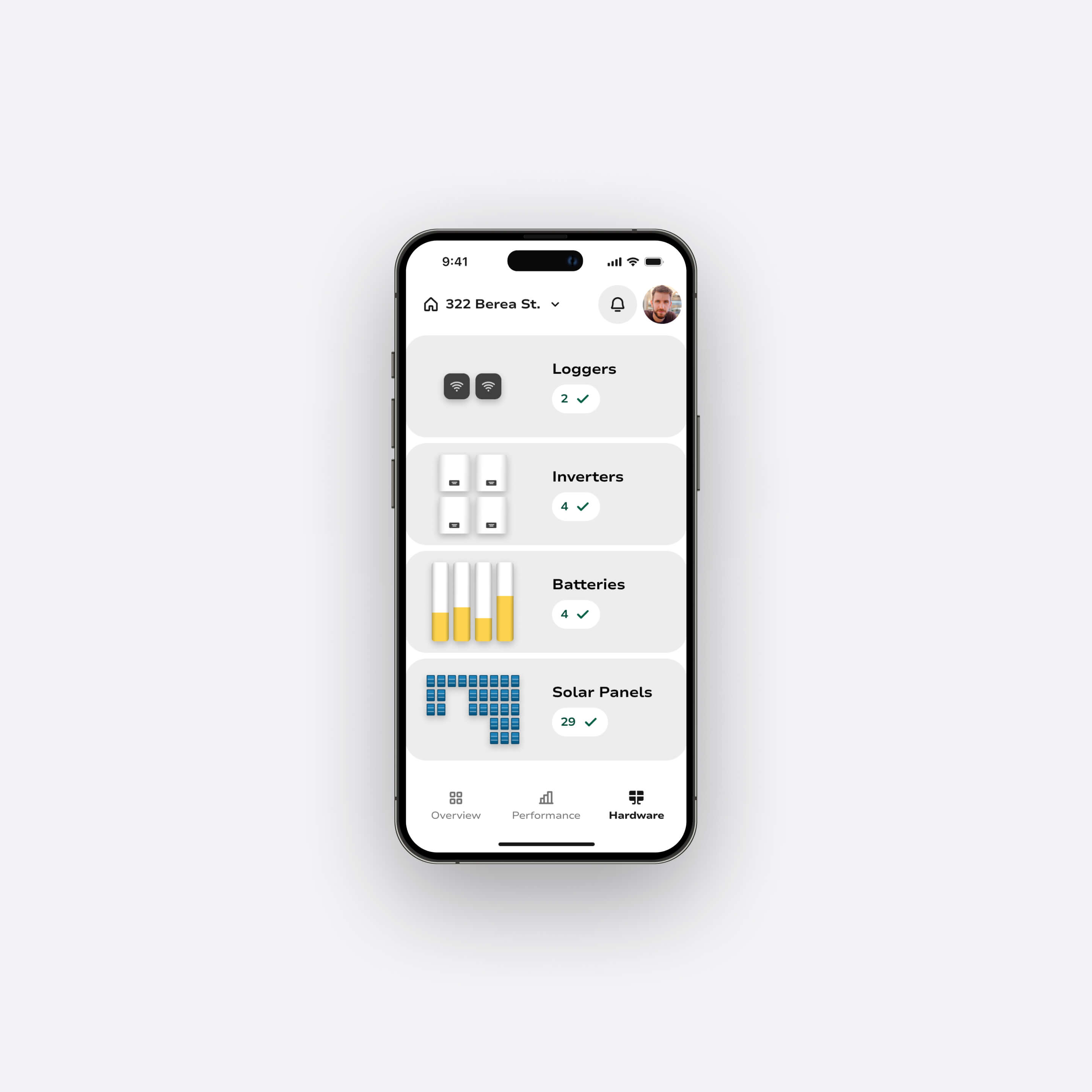 Pulsun hardware dashboard presenting the status of all installed equipment in the solar system.