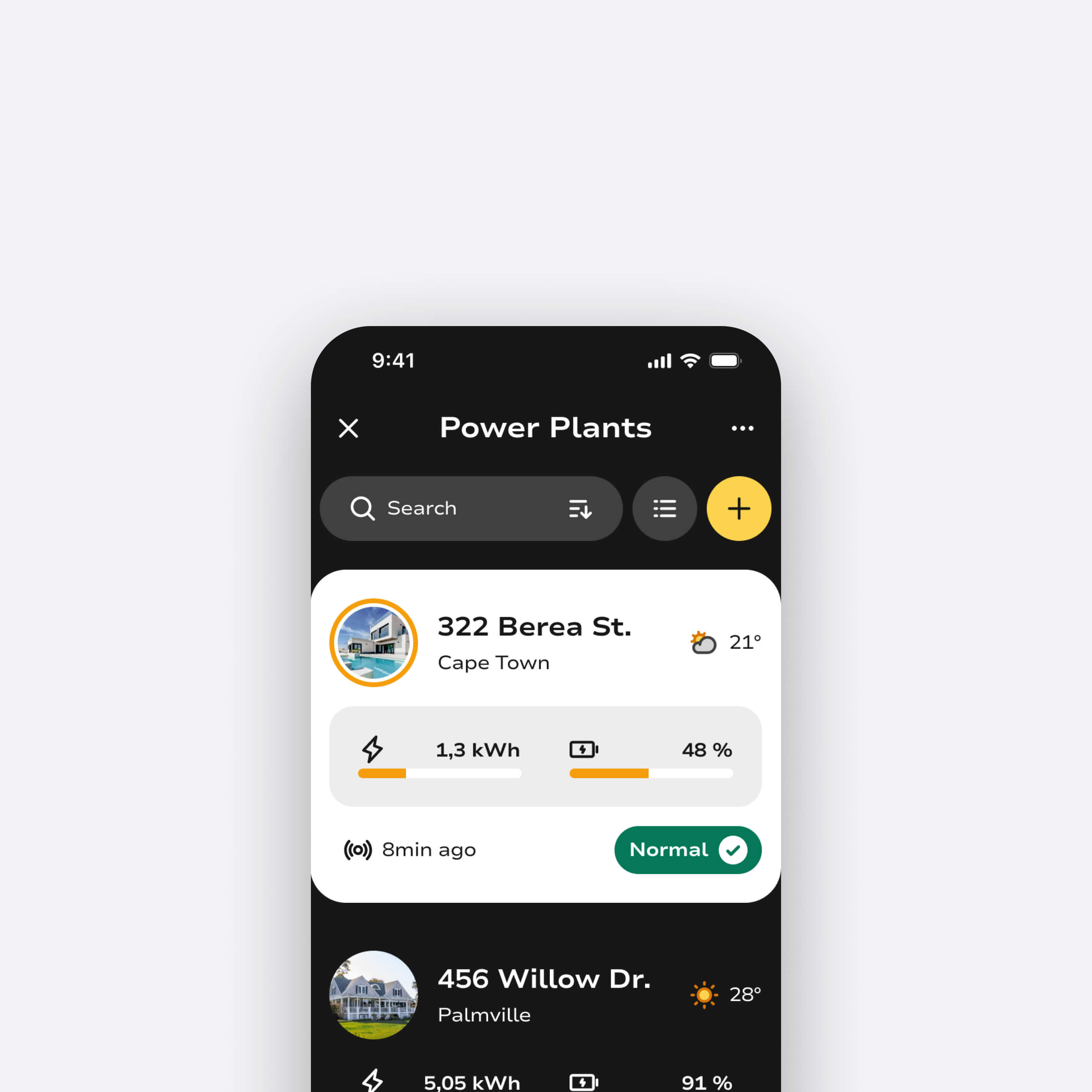 Pulsun mobile view with the list and overview of solar installations.