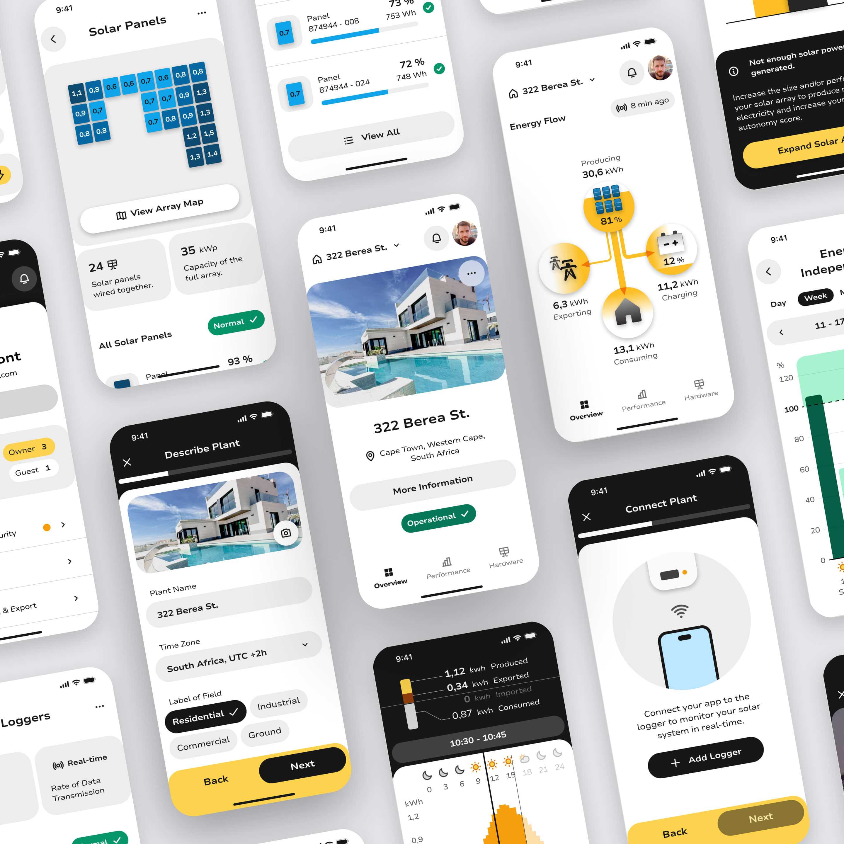 Diverse mobile screens of the Pulsun app providing an overview of the overall visual design and app identity.
