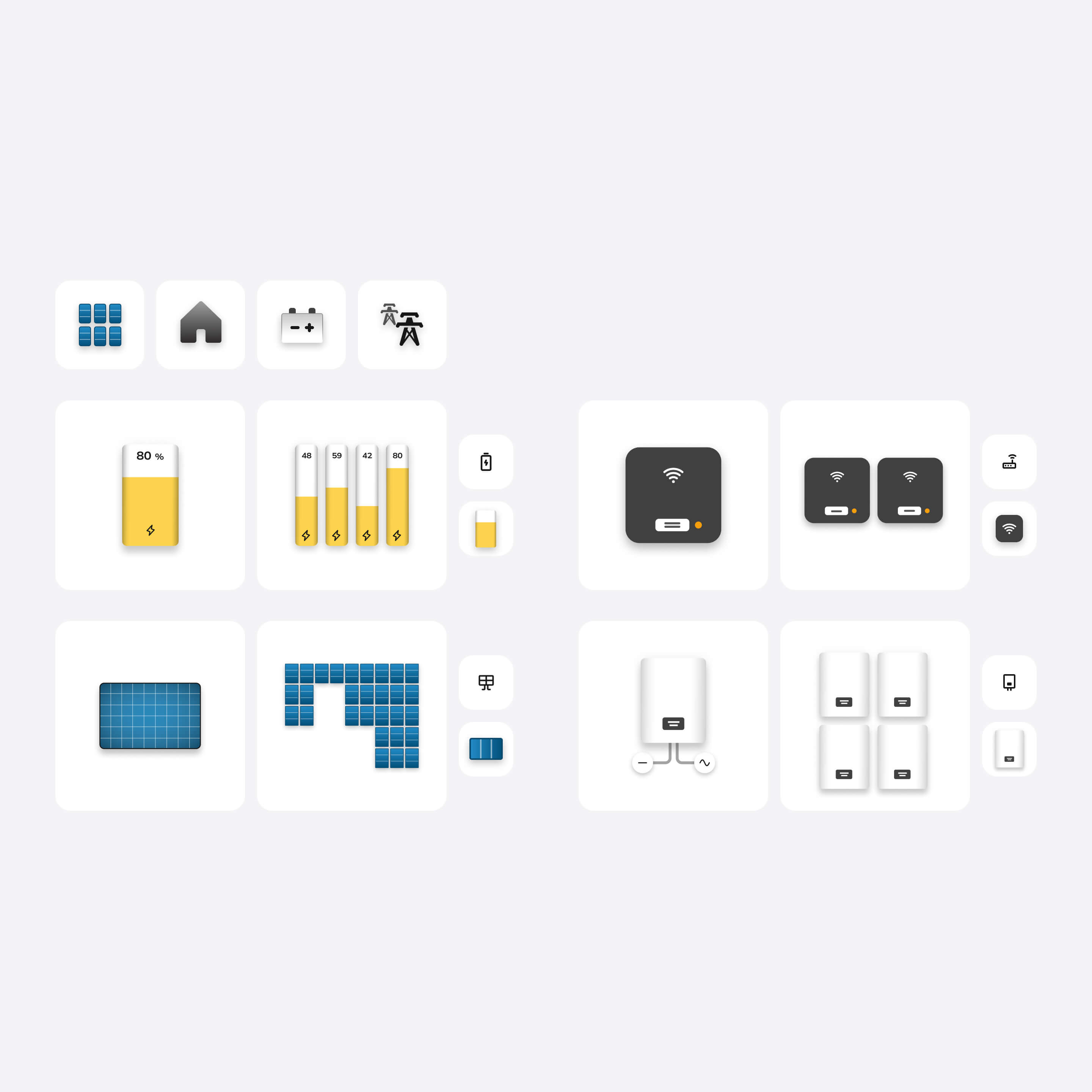 Custom illustration crafted for the Pulsun app, featuring depictions of key solar system hardware components, including batteries, inverters, loggers, and solar panels.