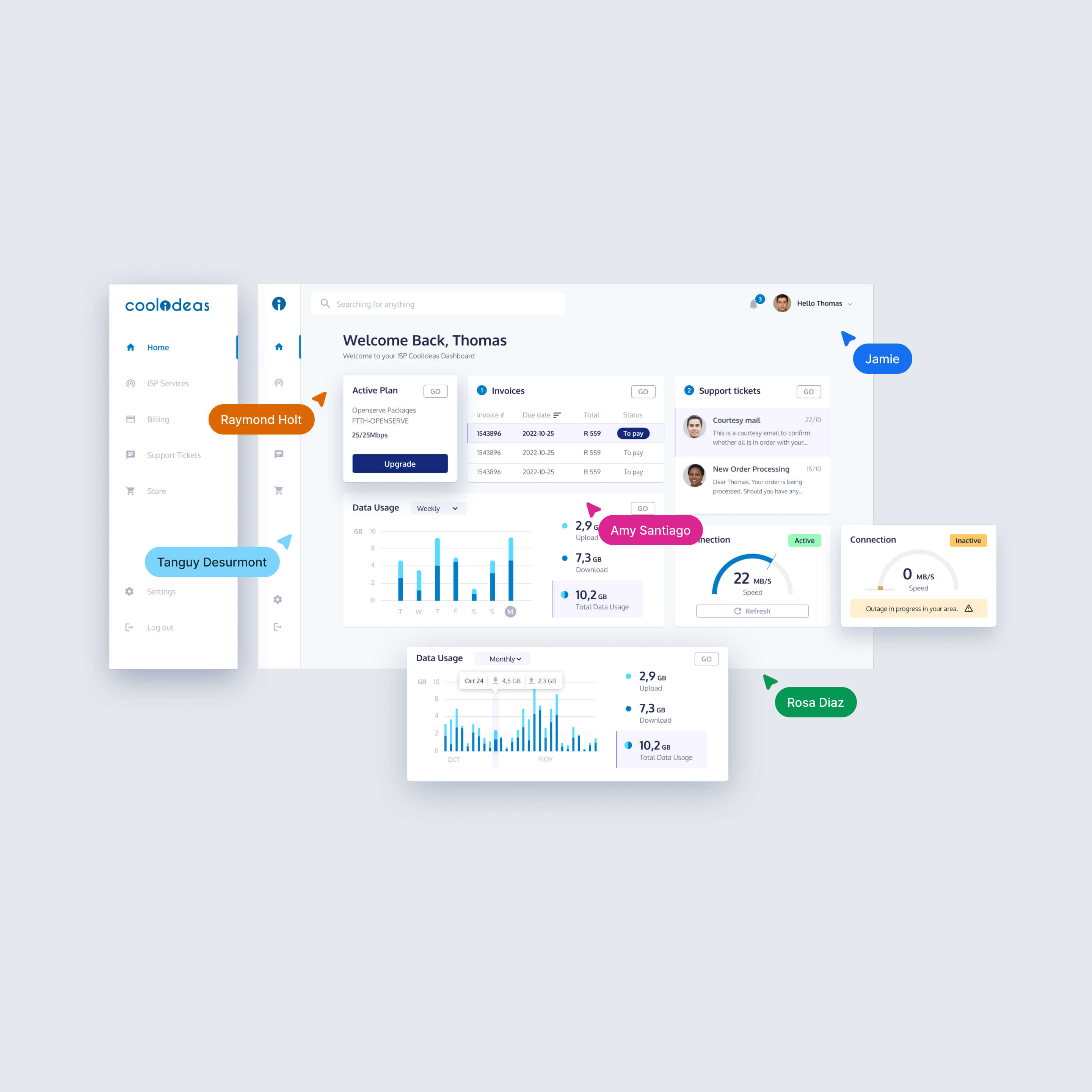 Design snapshot of an ISP dashboard interface with collaboration cursors on top.