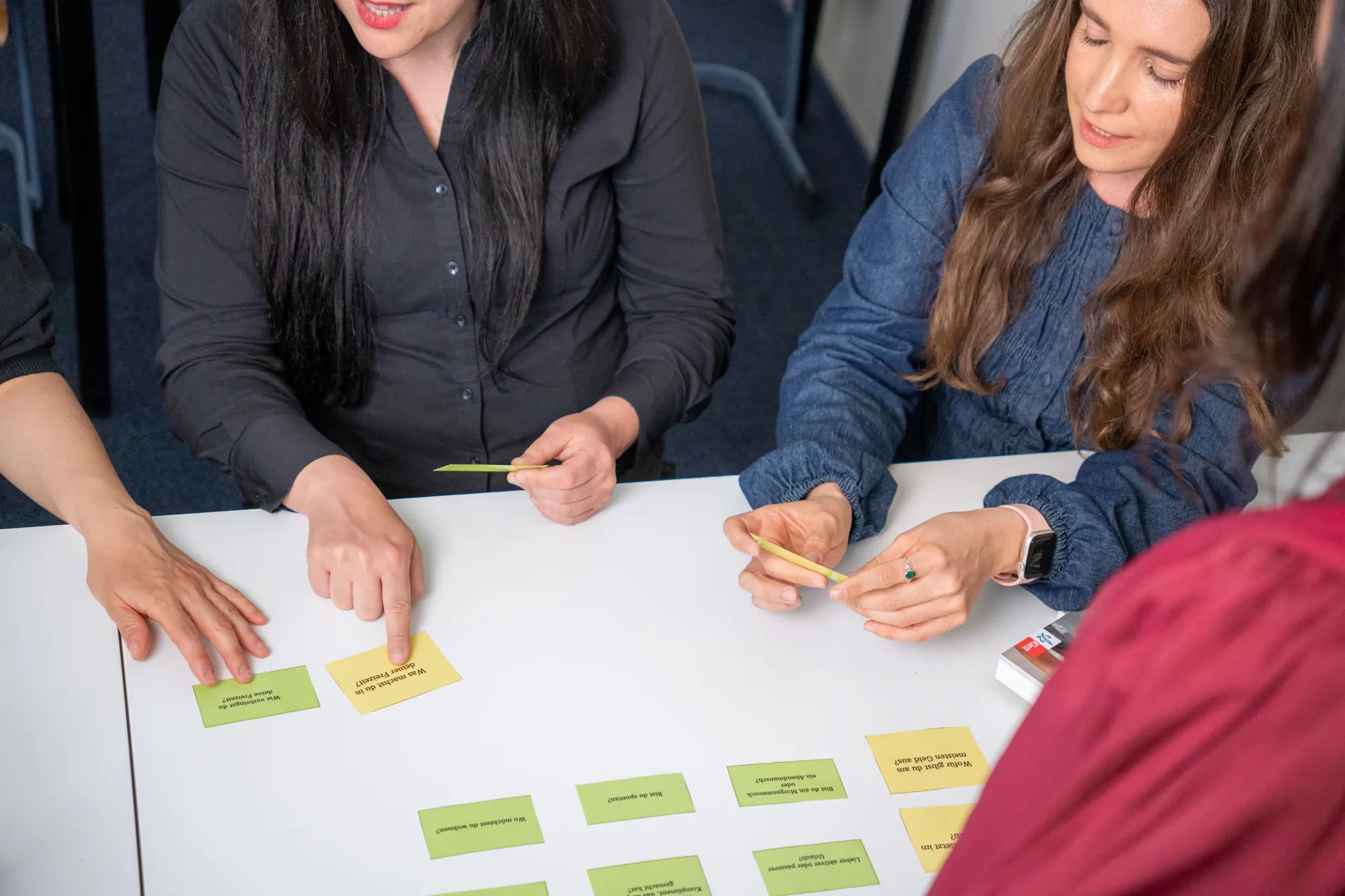 Menschen diskutieren und sortieren gelbe und grüne Karteikarten auf einem weißen Tisch.