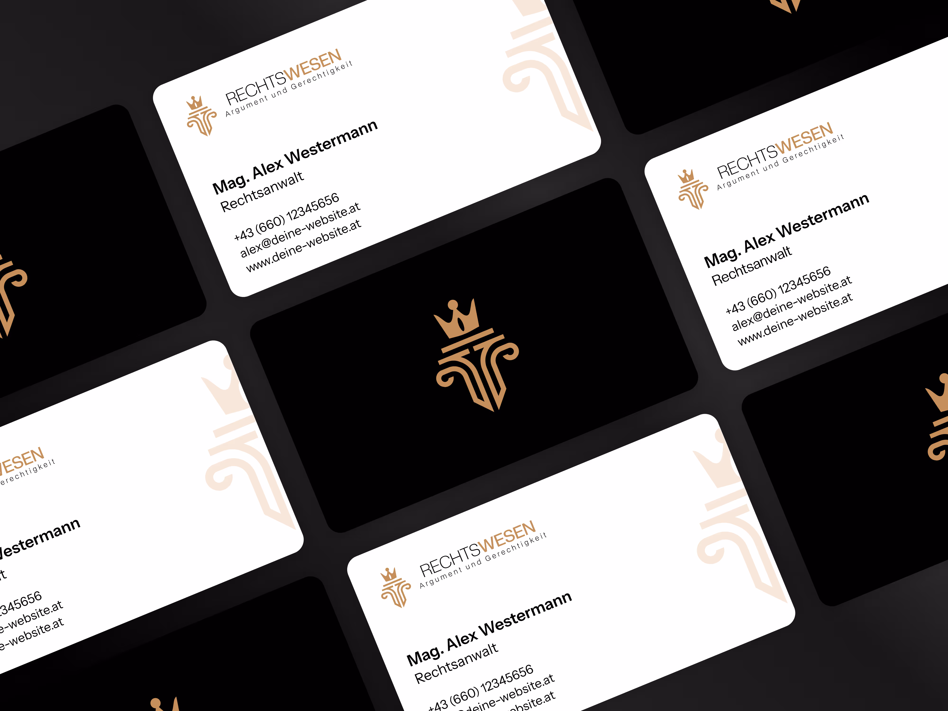 Ein Set von professionellen Visitenkarten im modernen Corporate Design einer Rechtsanwaltskanzlei.