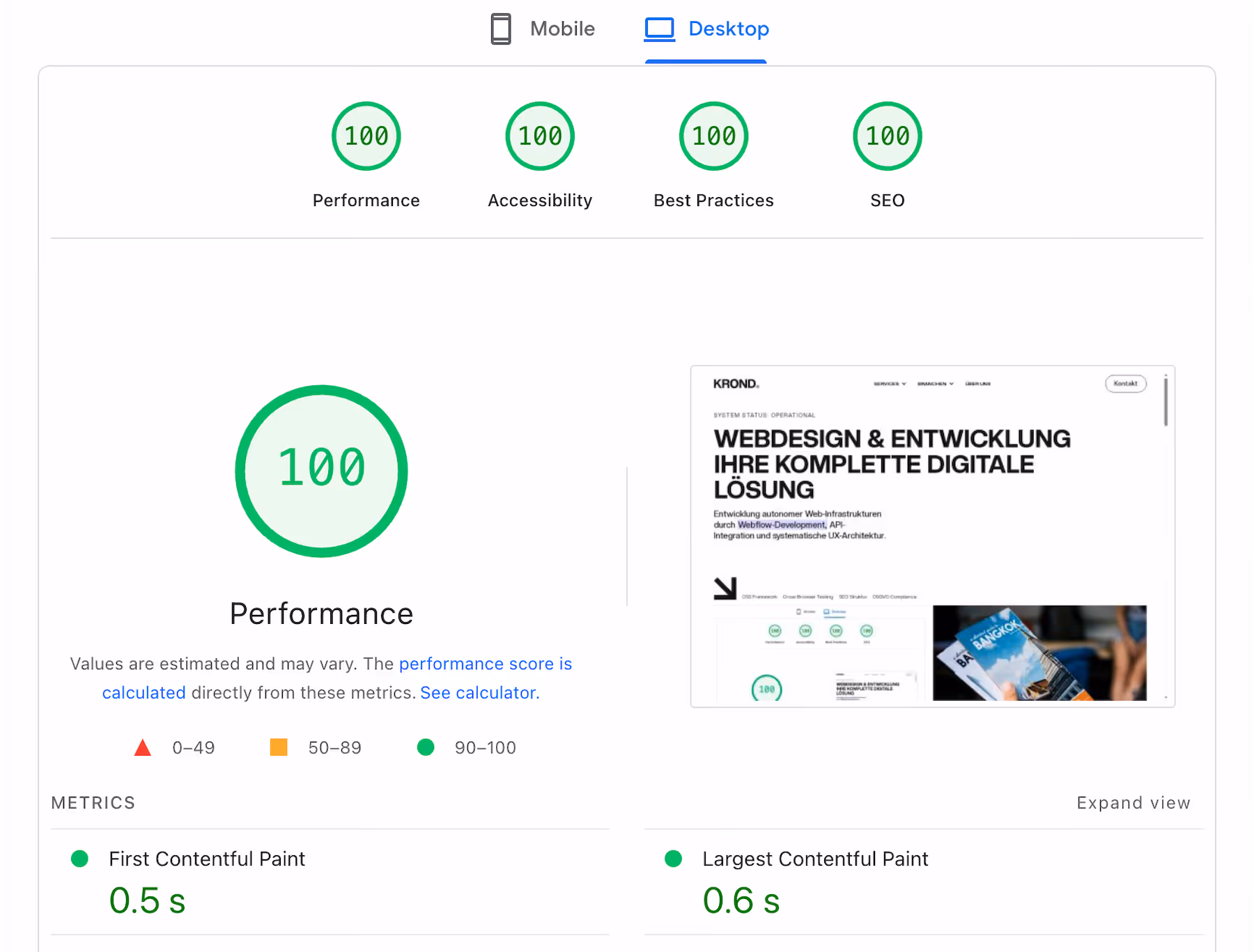 Ein perfekter 100/100 Google Lighthouse Score, der die maximale Performance, Barrierefreiheit und SEO-Qualität unserer maßgeschneiderten Webflow-Websites beweist