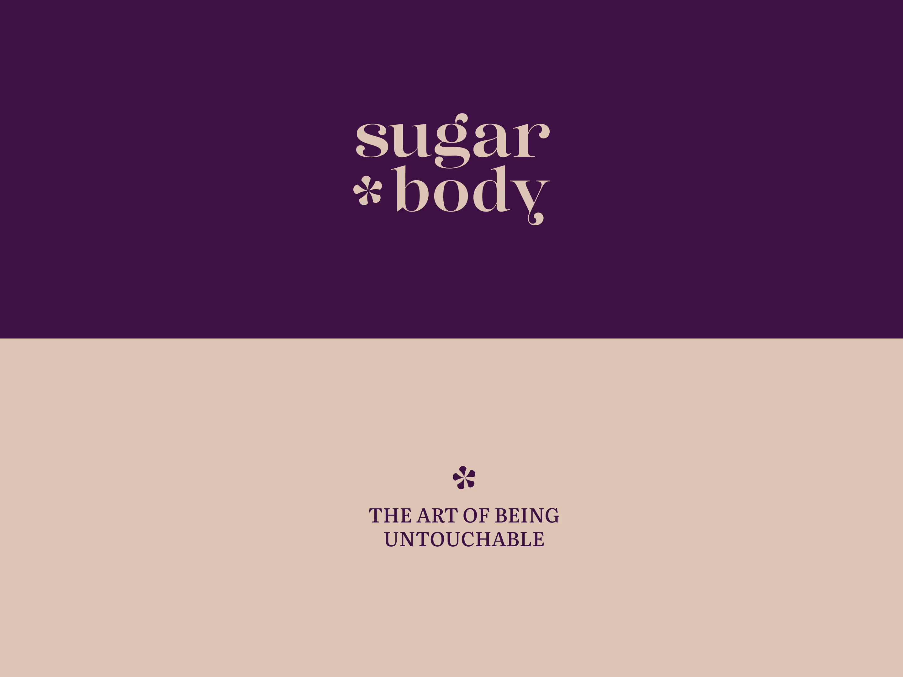 Sugar Body Logo und der Slogan "The art of being untouchable" auf einem zweifarbigen, kontrastreichen Hintergrund in Aubergine und Beige, spezifisch für die visuelle Identität des Beauty-Brandings.