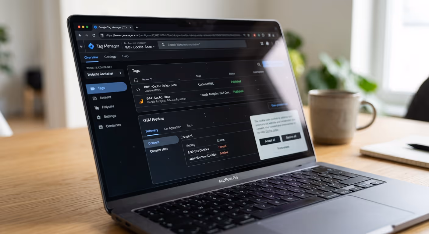  Schematische Darstellung des DSGVO-konformen Tracking-Setups mit Webflow, Google Tag Manager, GA4 und Cookie-Script