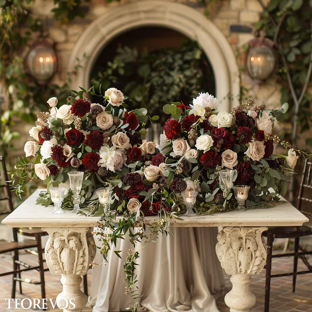 Ornate white stone table with lush burgundy and cream floral arrangements and lit candles in glass holders.