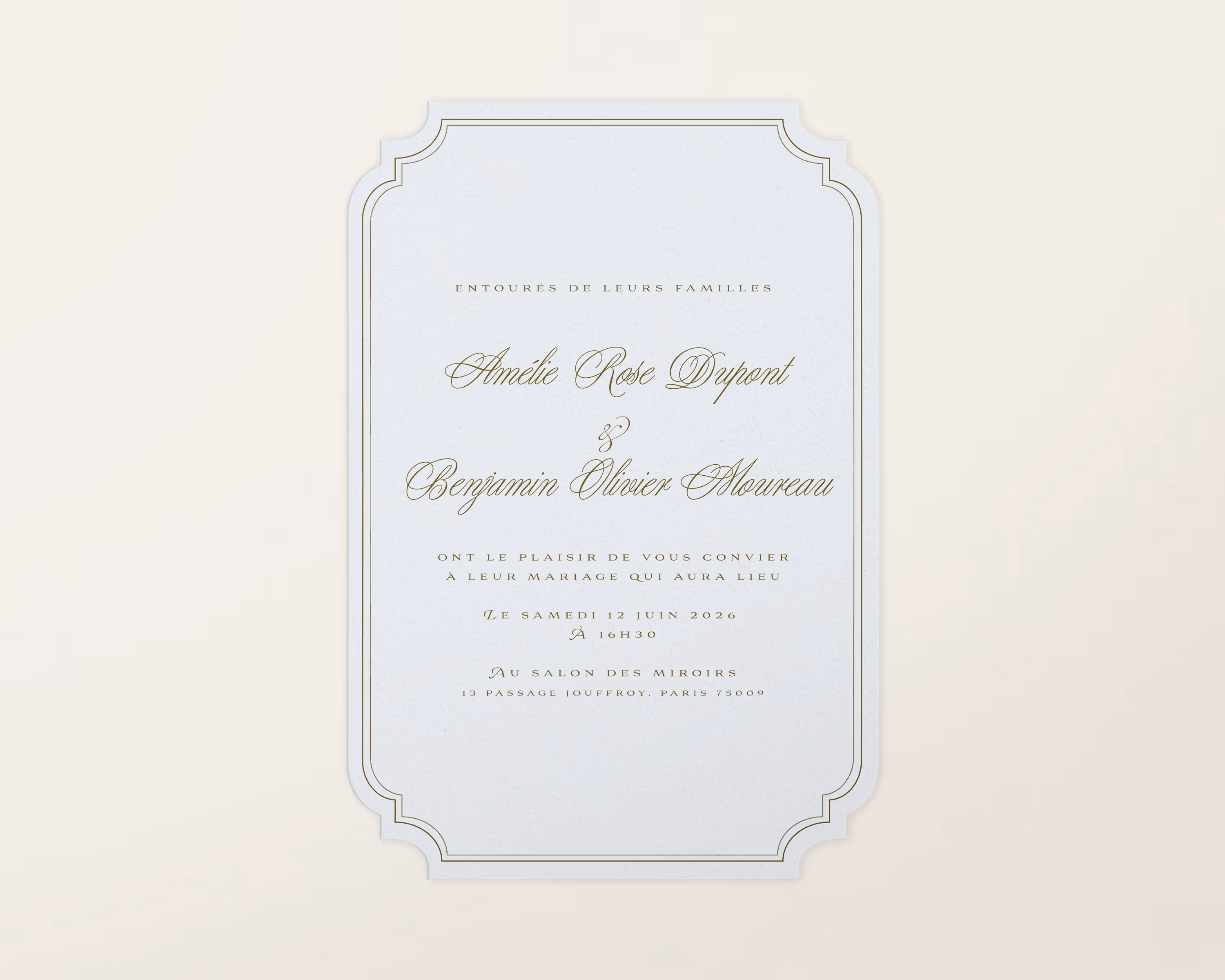 Elegant wedding invitation with gold script text on white card and decorative border, inviting to the marriage of Amélie Rose Dupont and Benjamin Olivier Mourreau on Saturday, June 12, 2026, at 4:30 PM at Au Salon des Miroirs, Paris.