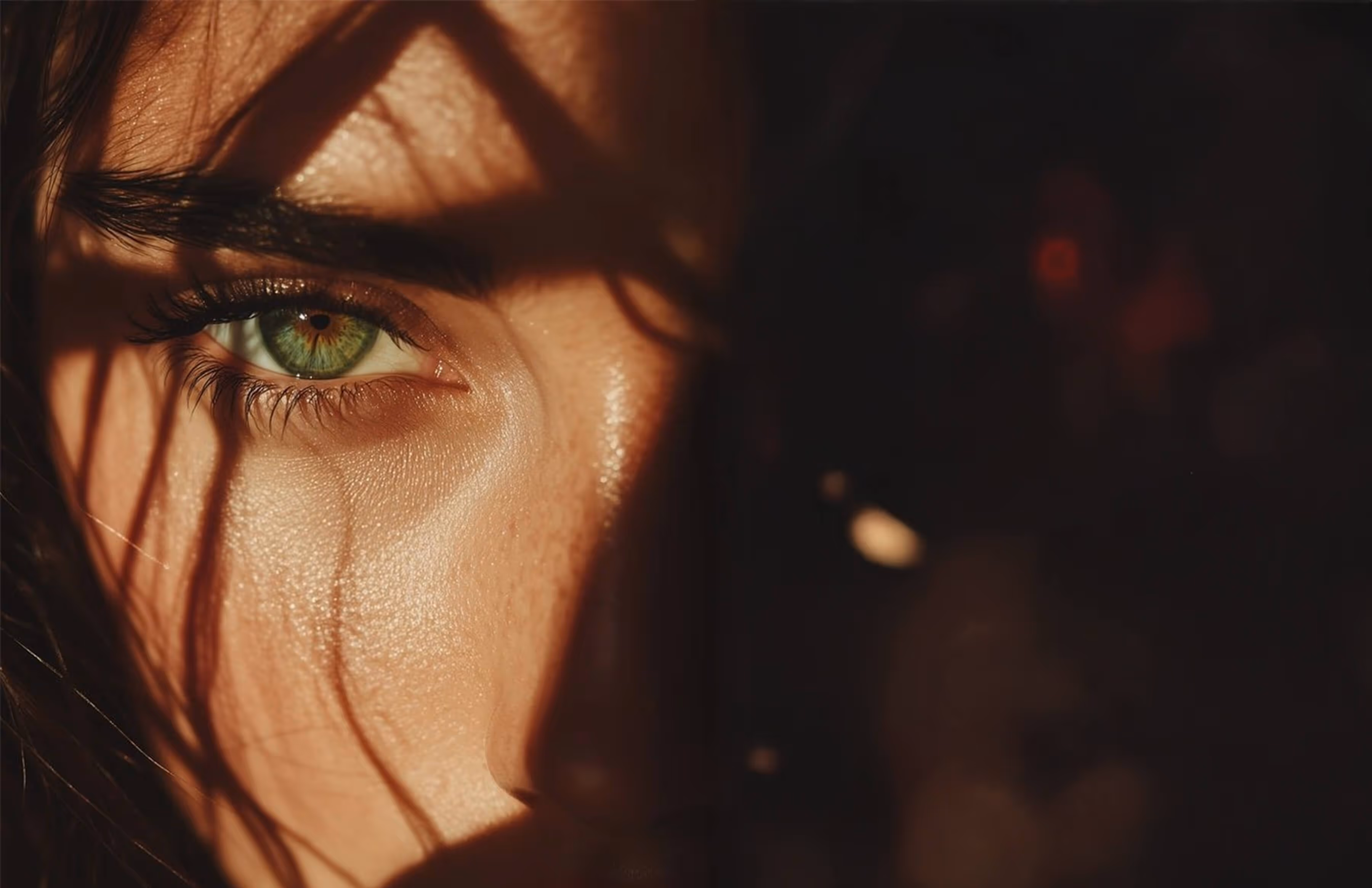 Close-up of a green eye partially covered by shadows of strands of hair on the face.