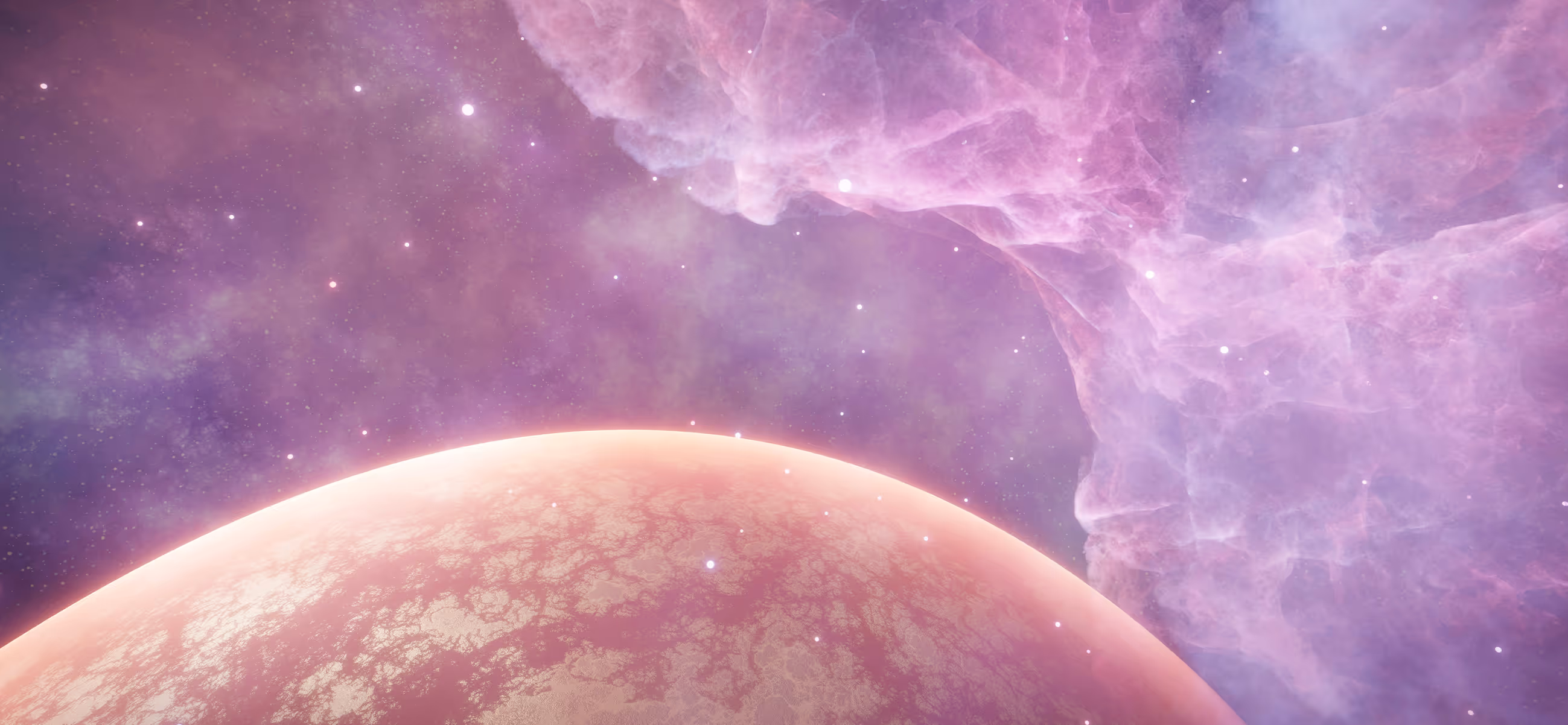 View of a textured planet's horizon against a pink and purple space nebula with scattered stars.