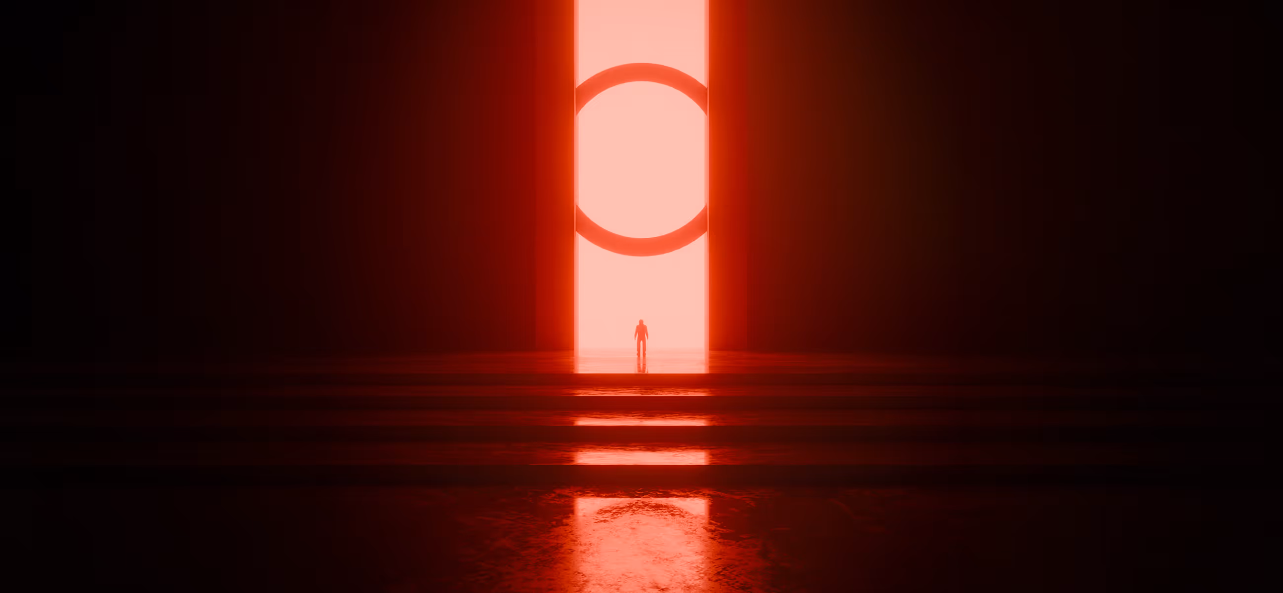 Silhouette of a person facing a huge red glowing doorway with a circle symbol in a dark room.