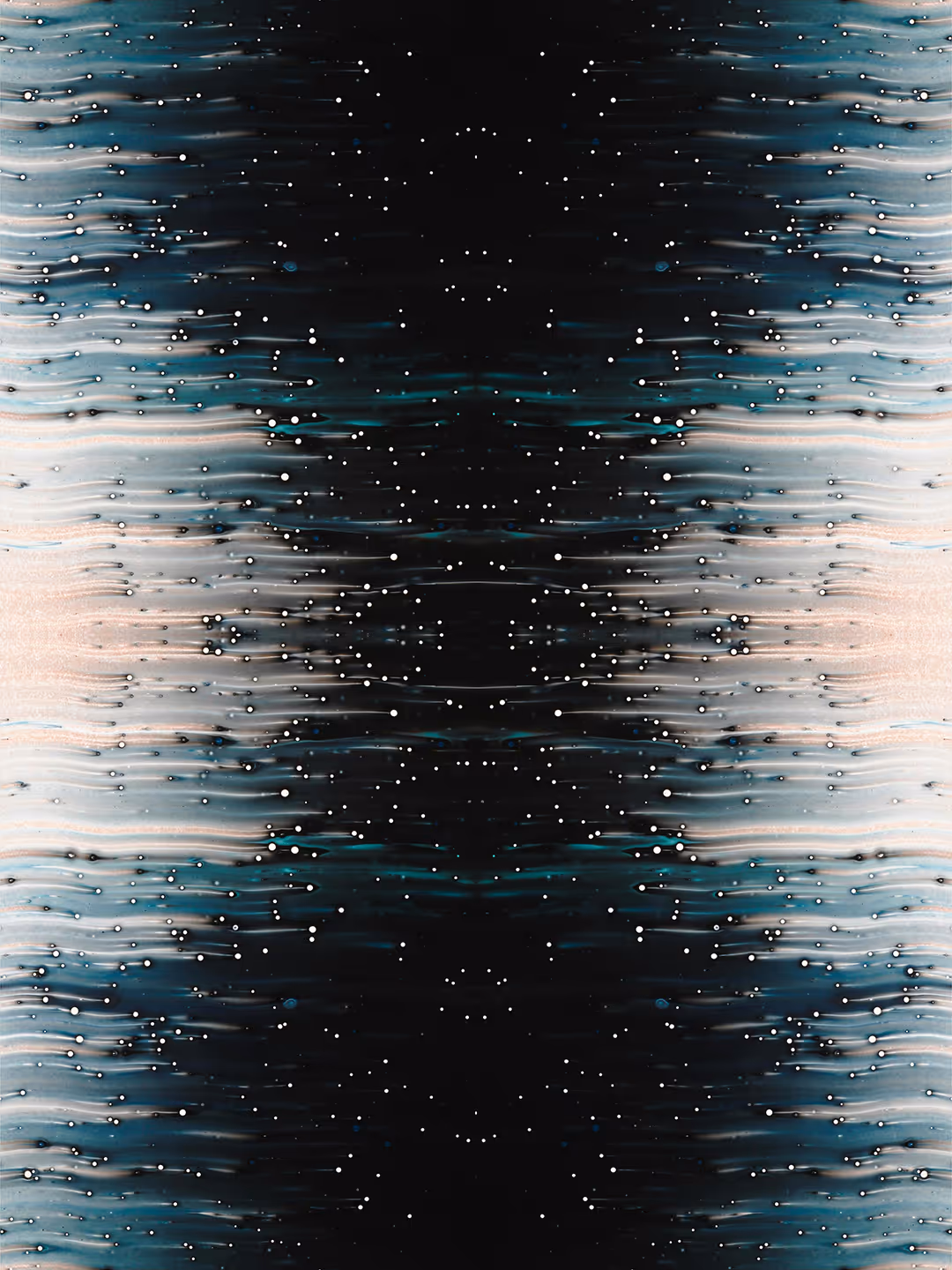 Abstract dark background with blue, white streaks, and scattered white dots in symmetrical pattern.