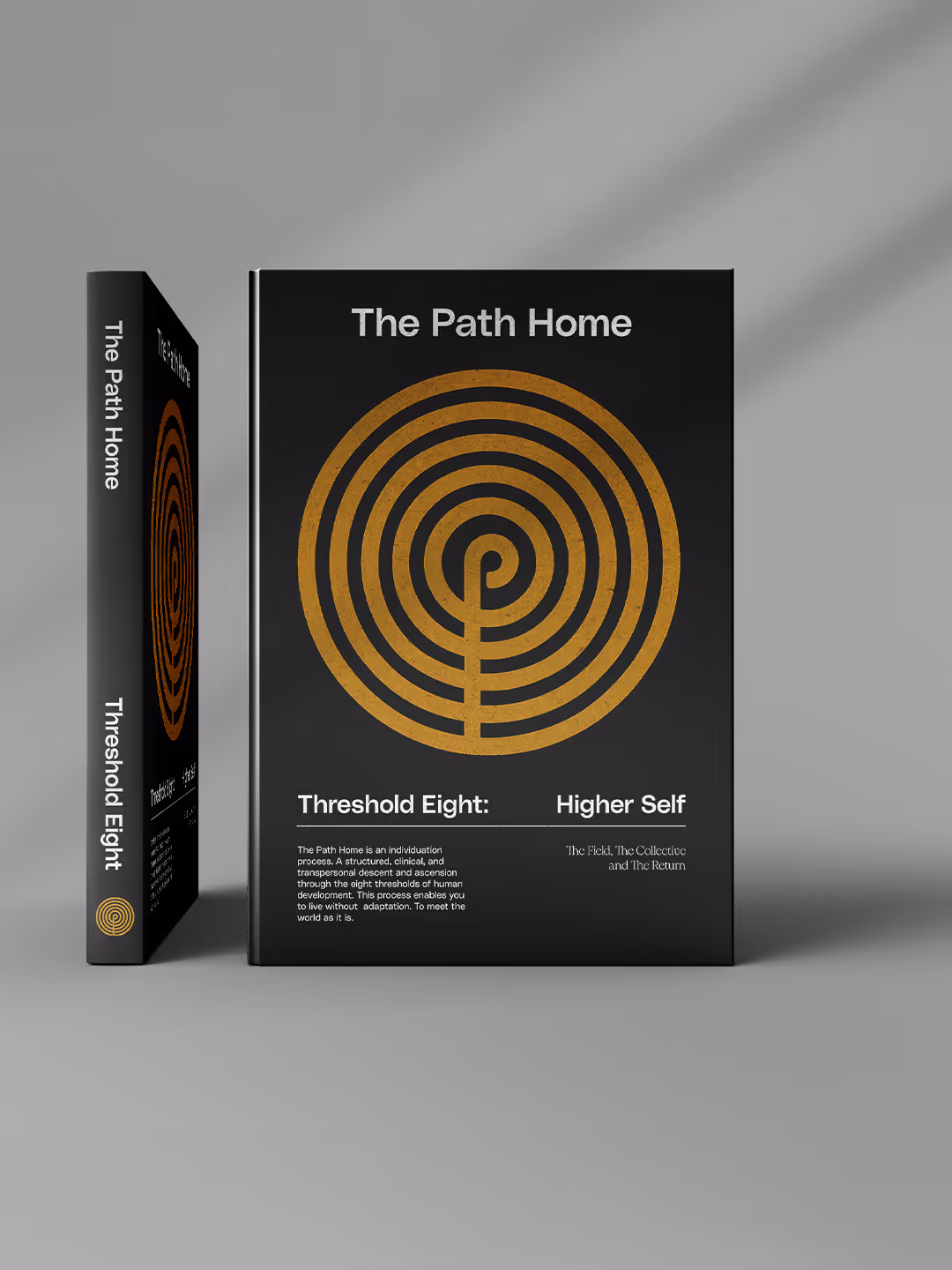 Book titled The Path Home with golden labyrinth design and subtitle Threshold Eight: Higher Self.