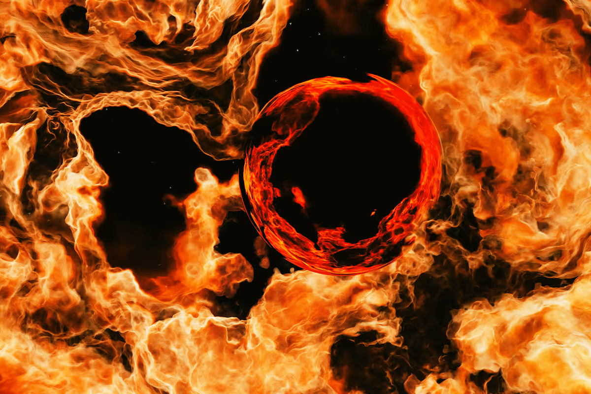 Fiery red and orange burning sphere surrounded by swirling flames on a black background.